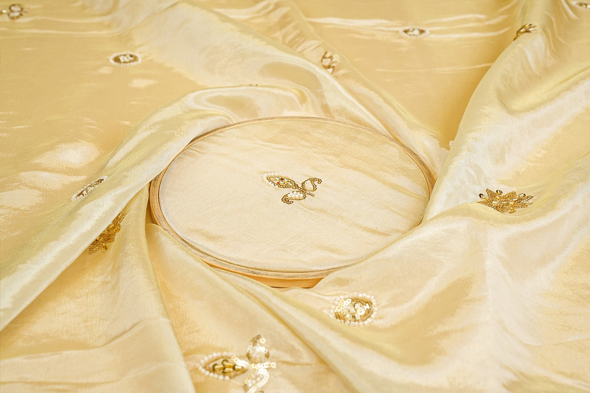 Ethereal Glow Tissue Dupatta with All-Over Butti of Sequins, Beads, Pearls, and Scalloped Borders