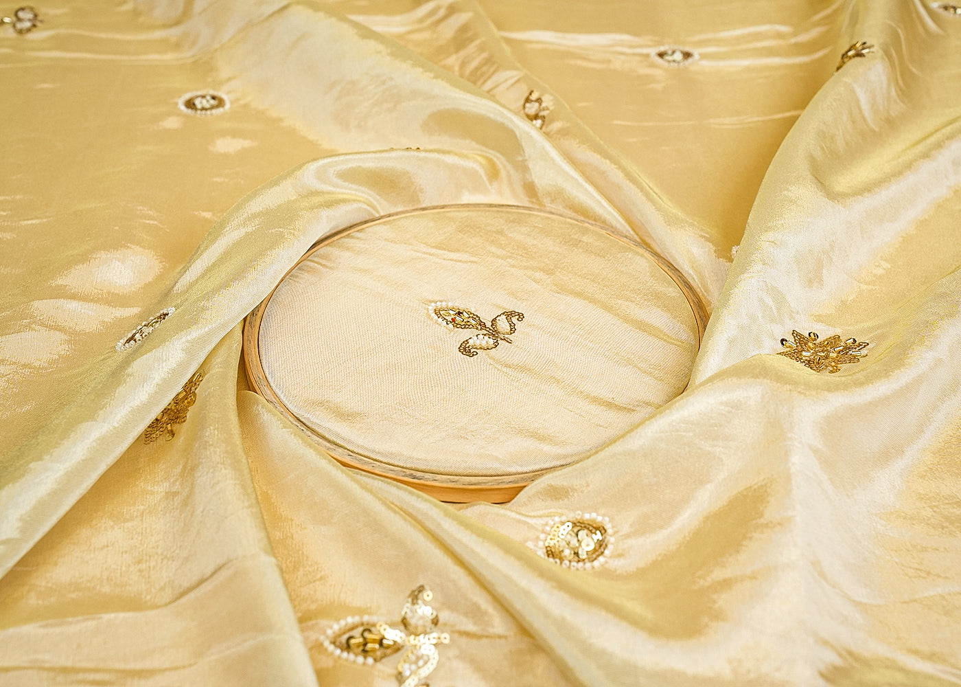 Ethereal Glow Tissue Dupatta Fabric with All-Over Butti of Sequins, Beads and Scalloped Borders