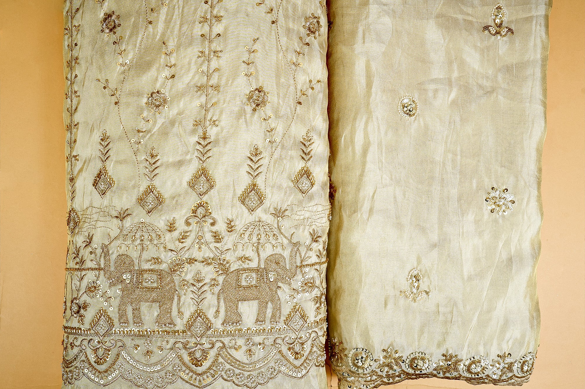 Ethereal Glow Tissue Dupatta with All-Over Butti of Sequins, Beads, Pearls, and Scalloped Borders