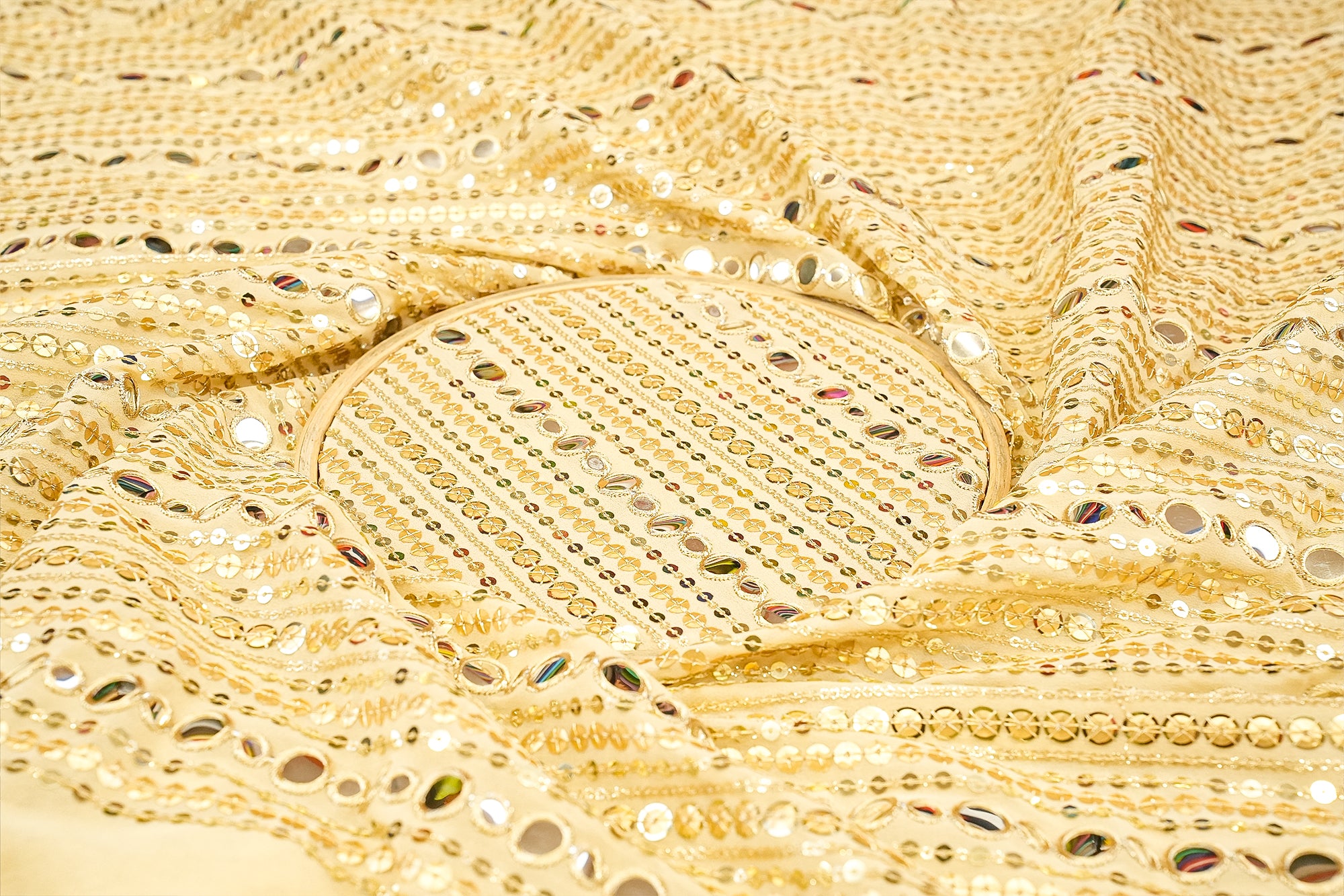 Golden Sparkle Georgette Fabric with All-Over Sequins, Faux Mirror, and Zari Work