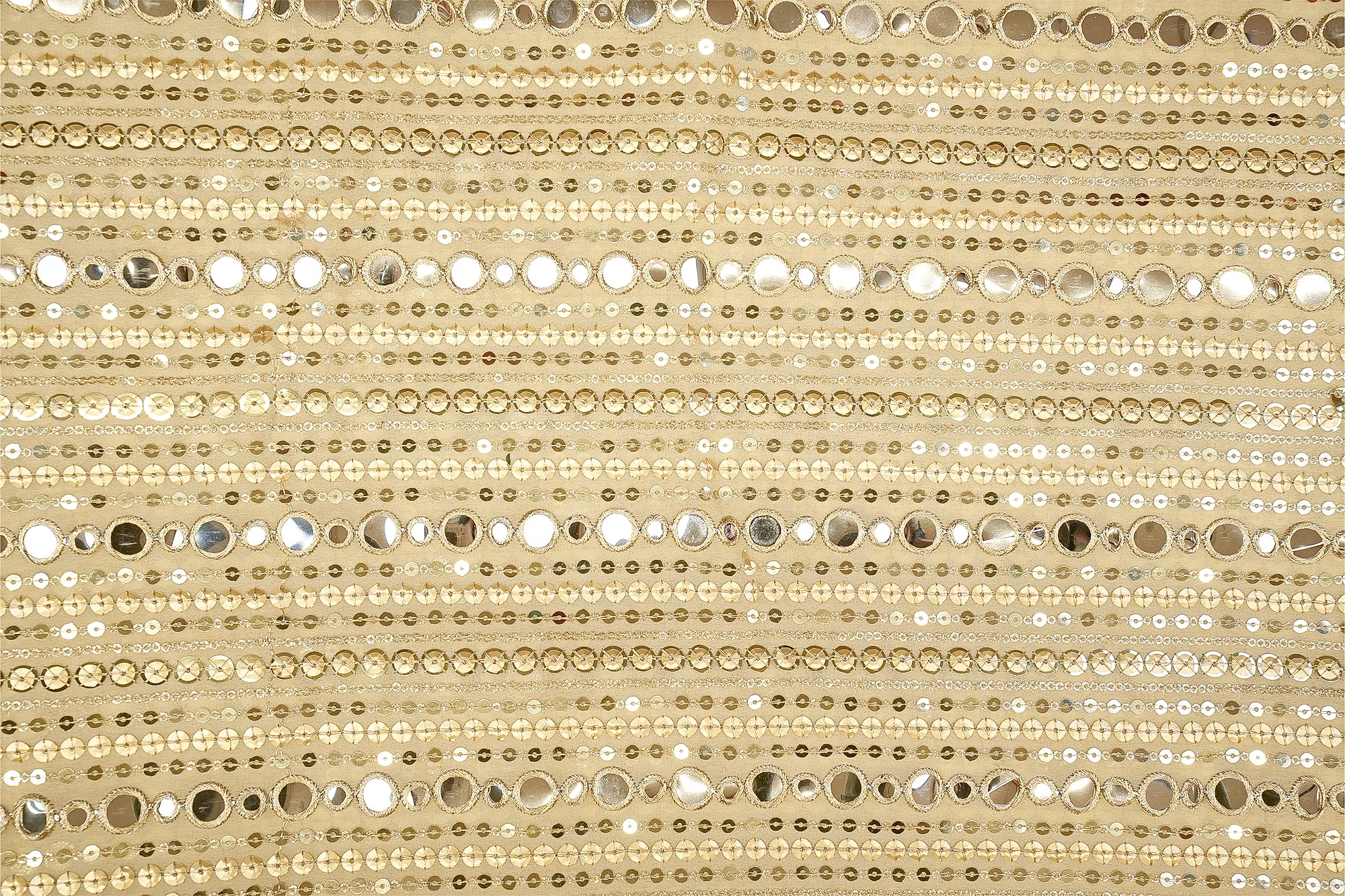 Golden Sparkle Georgette Fabric with All-Over Sequins, Faux Mirror, and Zari Work