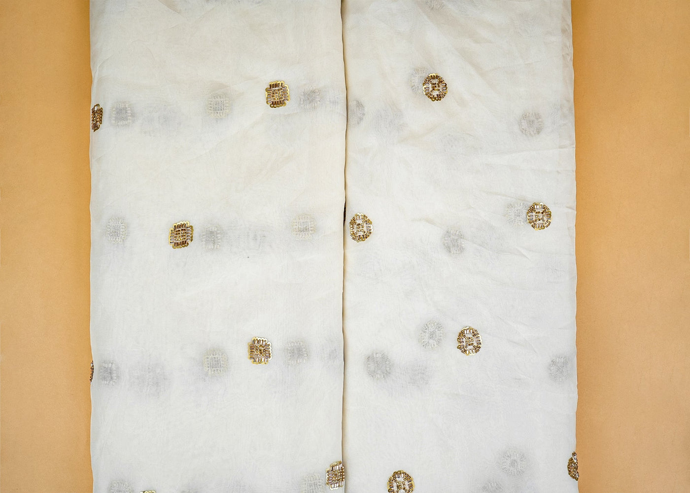 Golden Elegance Organza Fabric with Sequins, Beads, Kutdana, and Threadwork