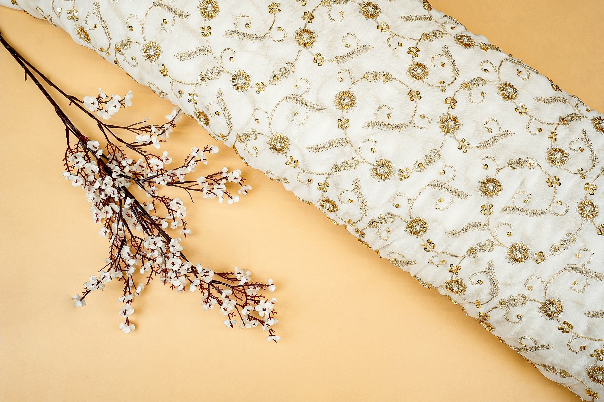 Floral Georgette Fabric with All-Over Threadwork, Sequins, Kutdana, Beads, and Pearl Embellishments