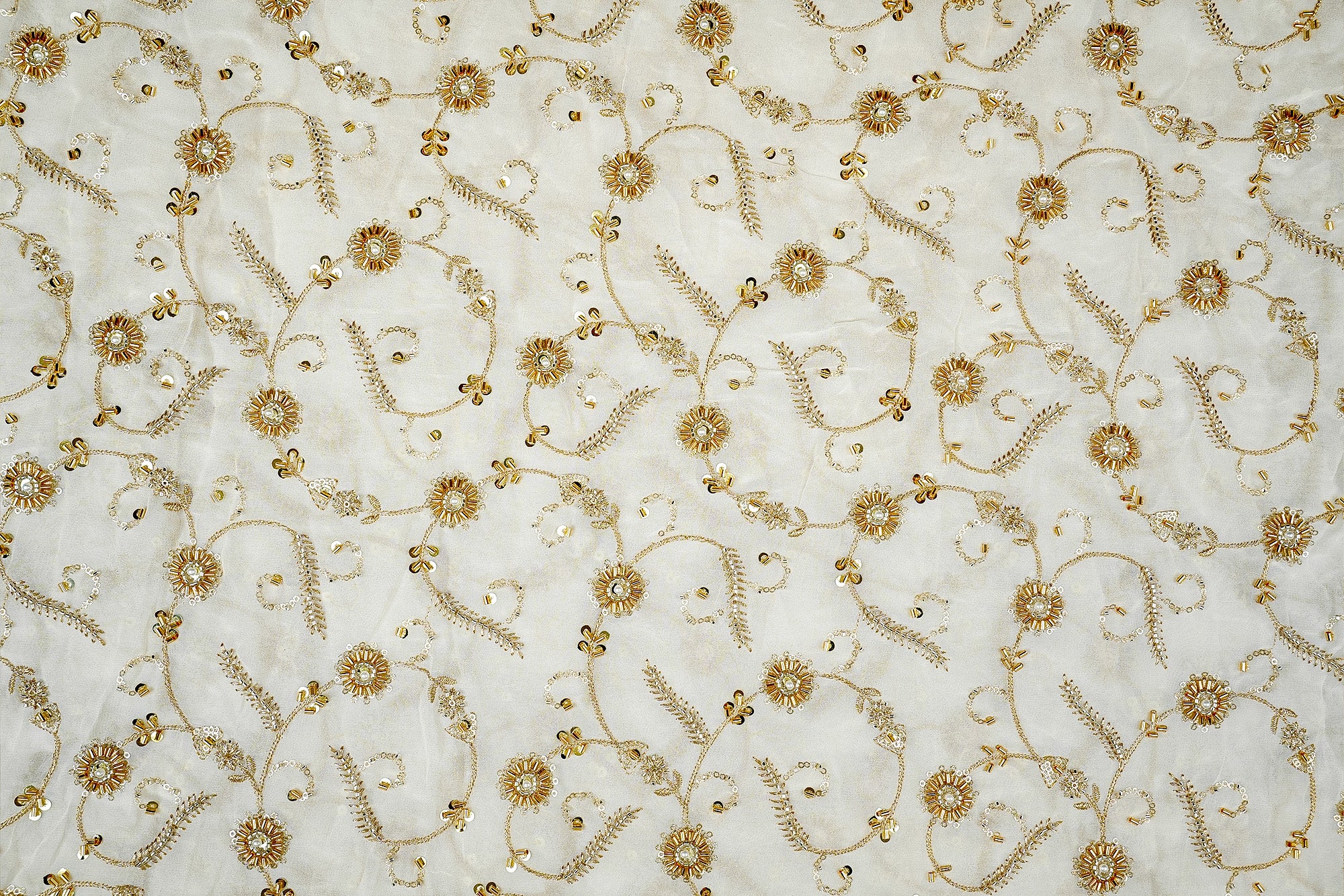 Floral Georgette Fabric with All-Over Threadwork, Sequins, Kutdana, Beads, and Pearl Embellishments