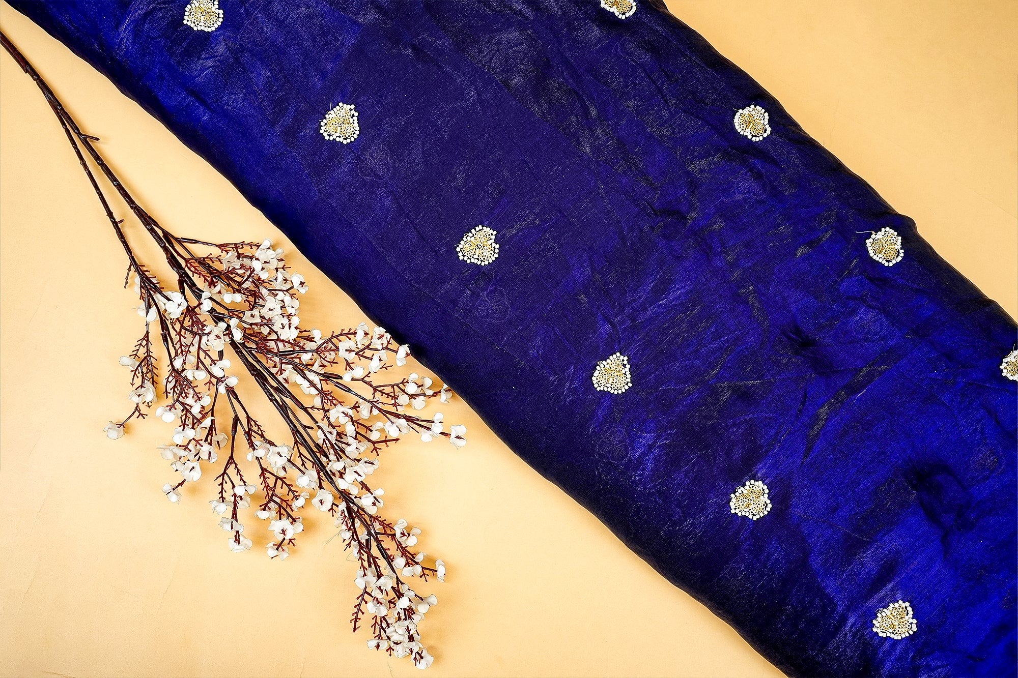 Blue Diamond Radiance Tissue Fabric with All-Over Butti of Golden Sequins, Beads, and Kutdana