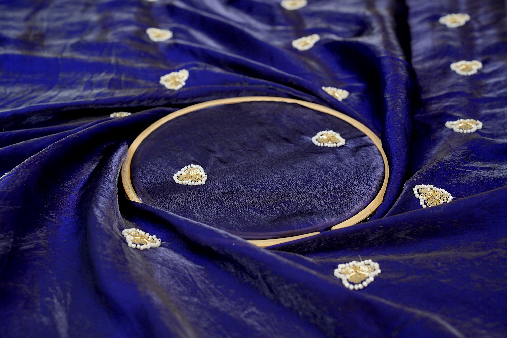 Blue Diamond Radiance Tissue Fabric with All-Over Butti of Golden Sequins, Beads, and Kutdana