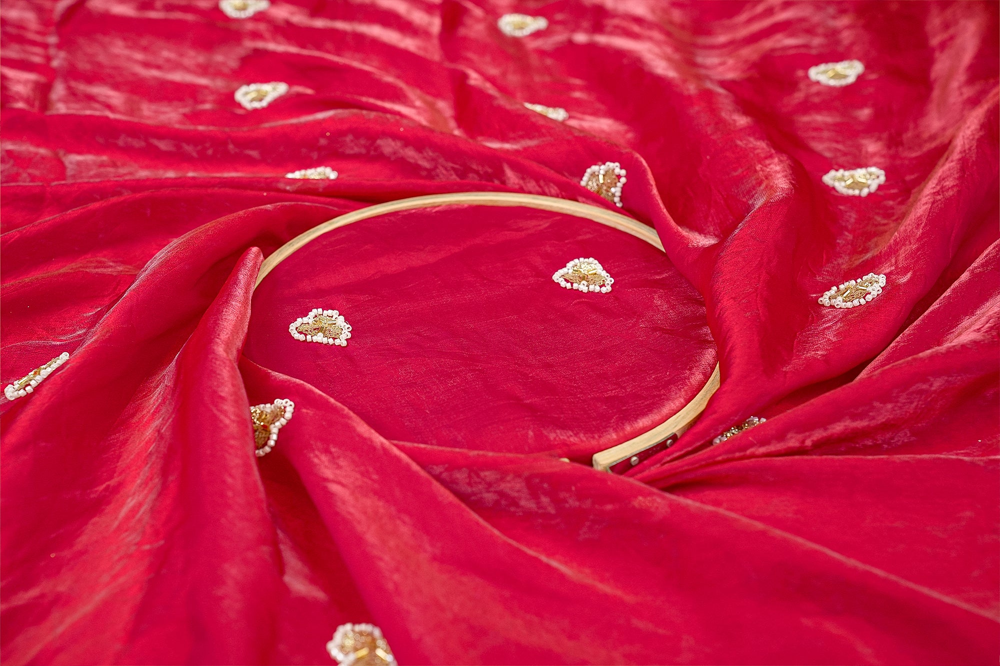 Pink Diamond Radiance Tissue Fabric with All-Over Butti of Golden Sequins, Beads, and Kutdana