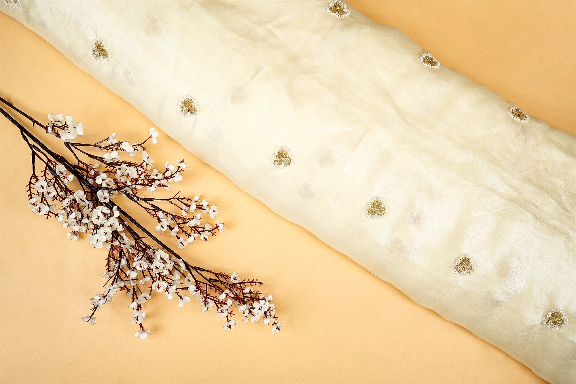 Off-White Diamond Radiance Tissue Fabric with All-Over Butti of Golden Sequins, Beads, and Kutdana