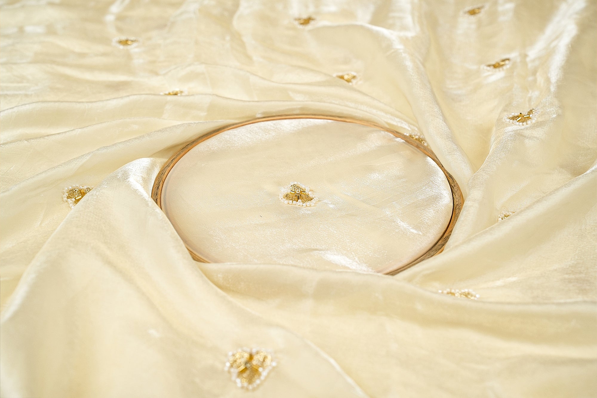 Off-White Diamond Radiance Tissue Fabric with All-Over Butti of Golden Sequins, Beads, and Kutdana