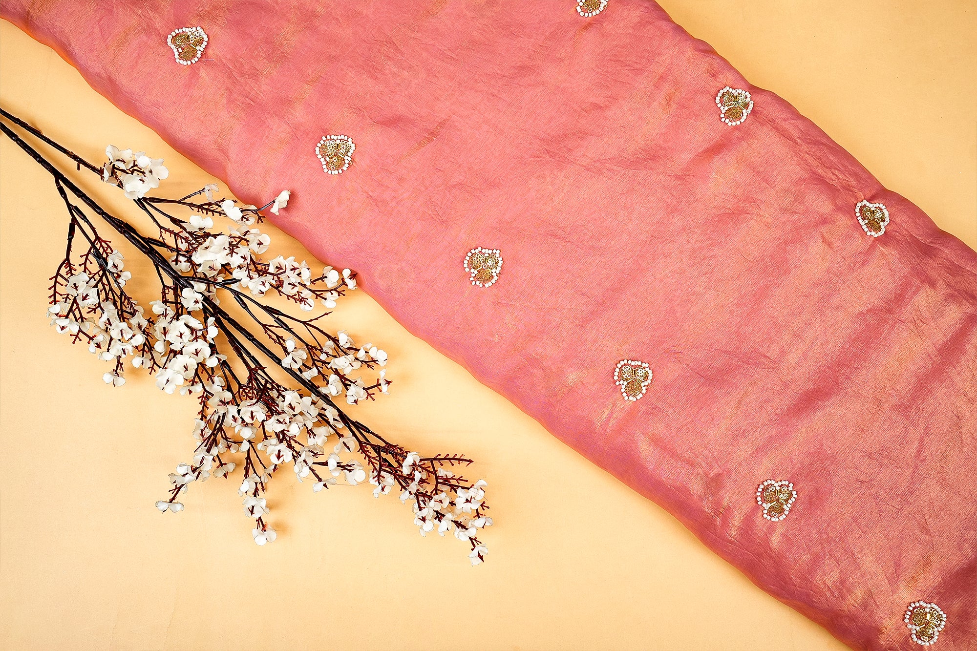 Peach Diamond Radiance Tissue Fabric with All-Over Butti of Golden Sequins, Beads, and Kutdana