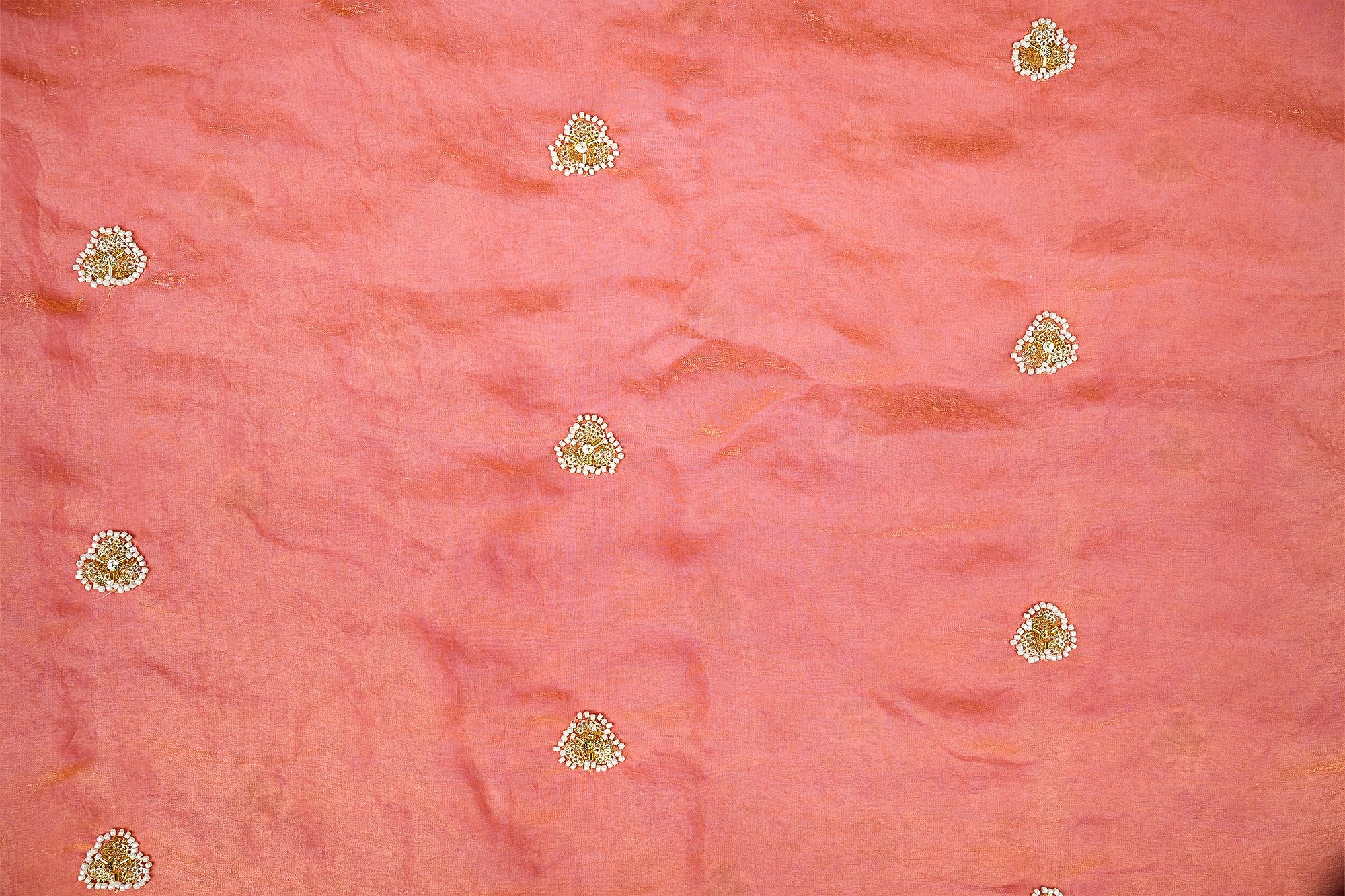 Peach Diamond Radiance Tissue Fabric with All-Over Butti of Golden Sequins, Beads, and Kutdana