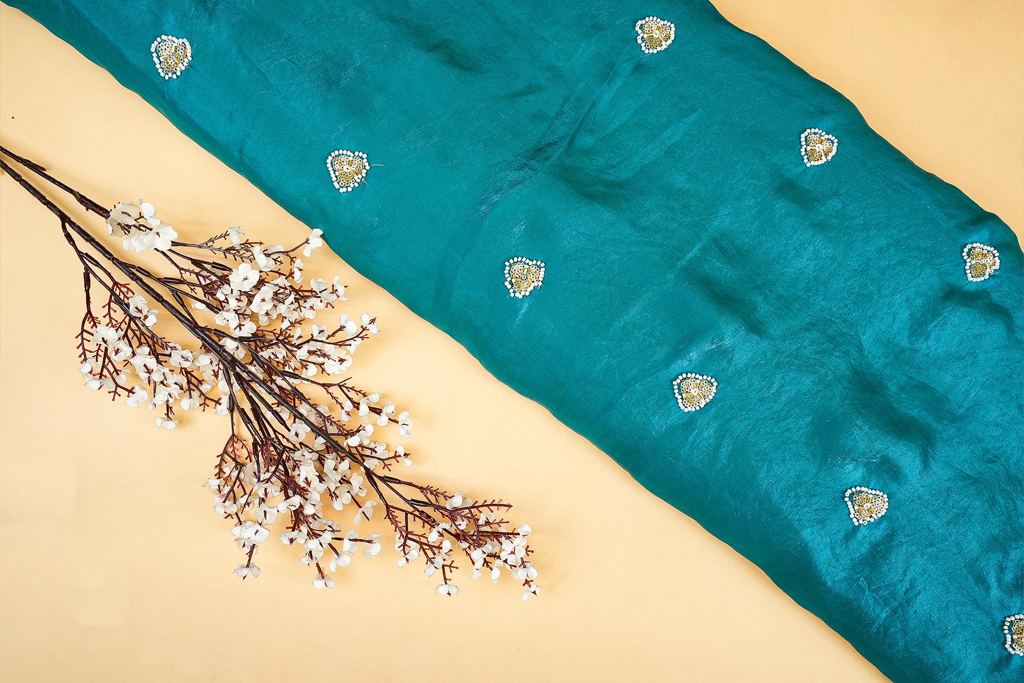 Teal Blue Diamond Radiance Tissue Fabric with All-Over Butti of Golden Sequins, Beads, and Kutdana