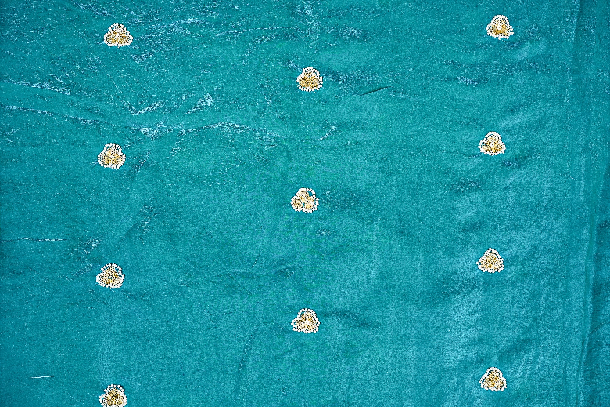 Teal Blue Diamond Radiance Tissue Fabric with All-Over Butti of Golden Sequins, Beads, and Kutdana