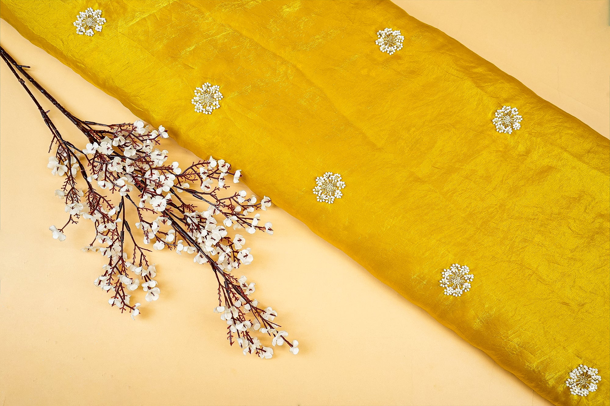 Mustard Diamond Radiance Tissue Fabric with All-Over Butti of Golden Sequins, Beads, and Kutdana