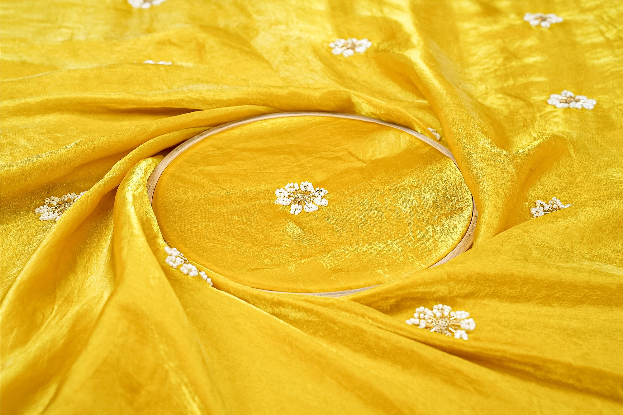 Mustard Diamond Radiance Tissue Fabric with All-Over Butti of Golden Sequins, Beads, and Kutdana