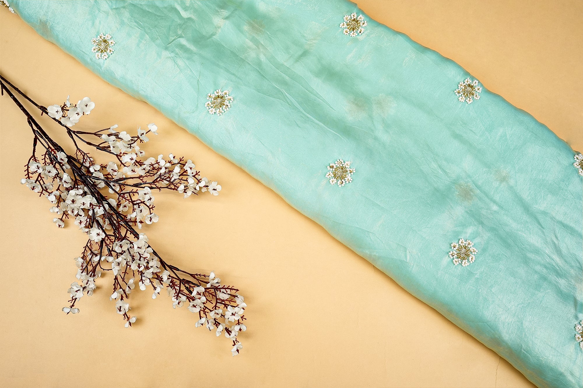 Sea Green Diamond Radiance Tissue Fabric with All-Over Butti of Golden Sequins, Beads, and Kutdana