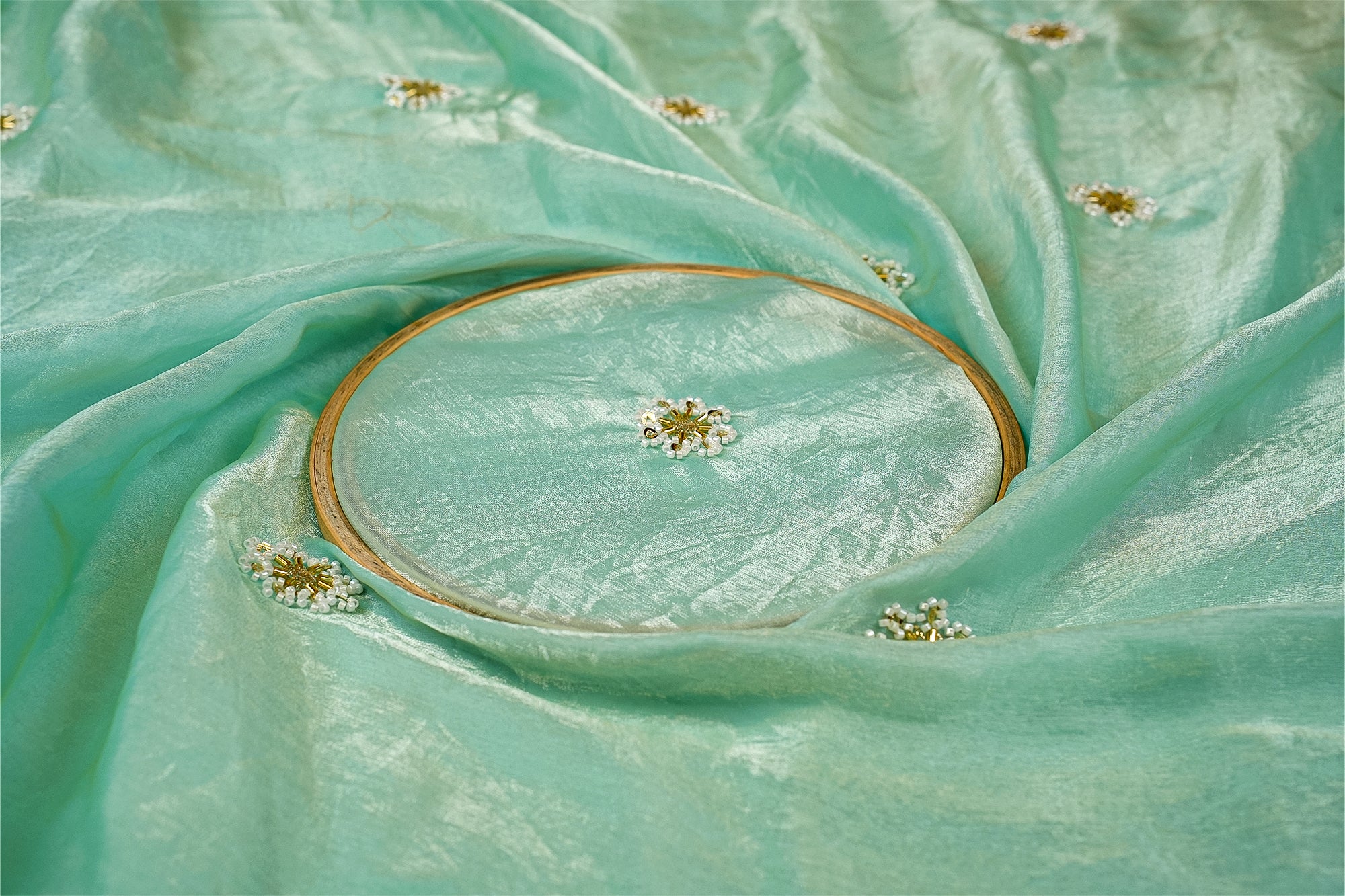 Sea Green Diamond Radiance Tissue Fabric with All-Over Butti of Golden Sequins, Beads, and Kutdana