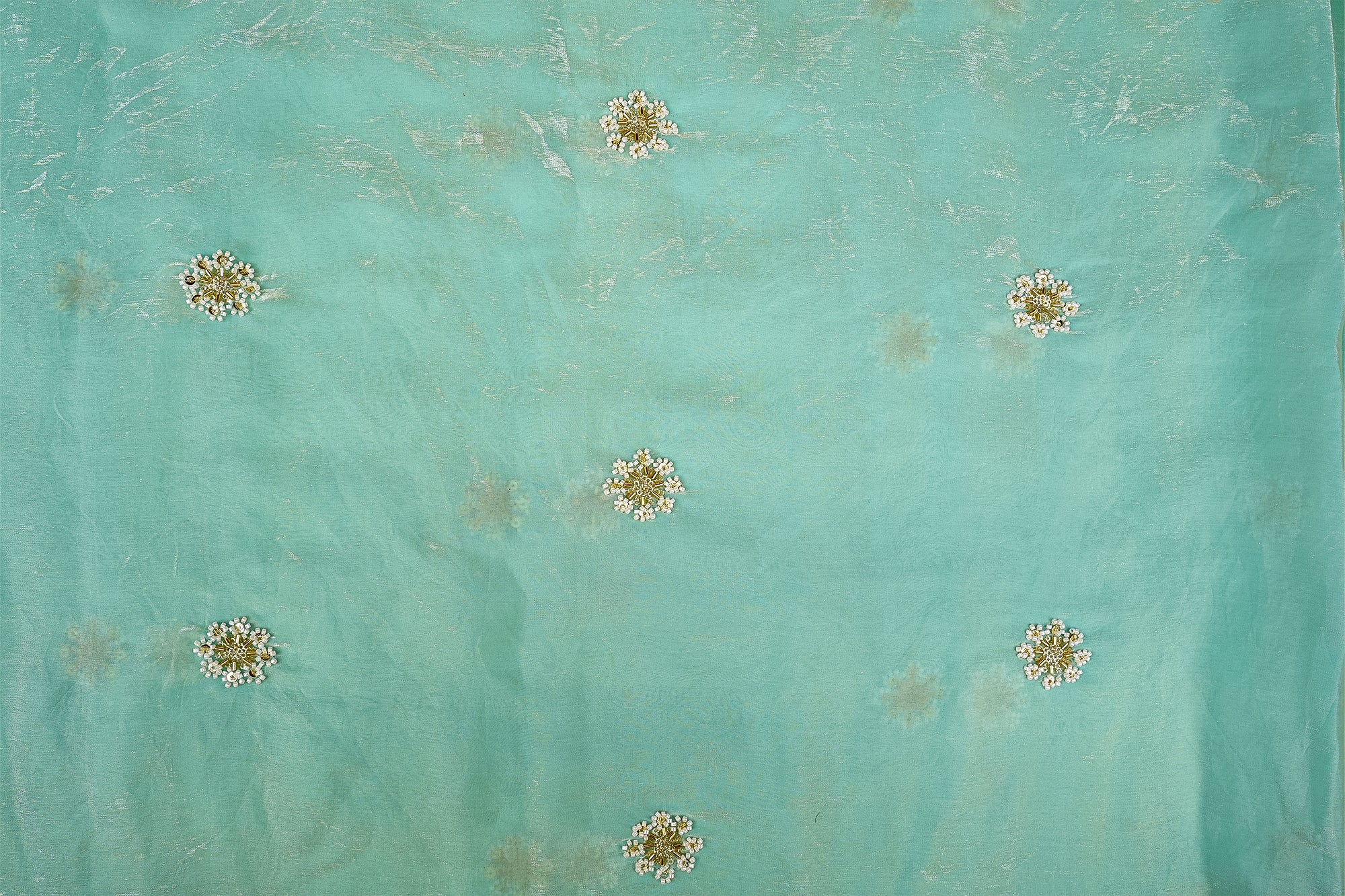 Sea Green Diamond Radiance Tissue Fabric with All-Over Butti of Golden Sequins, Beads, and Kutdana