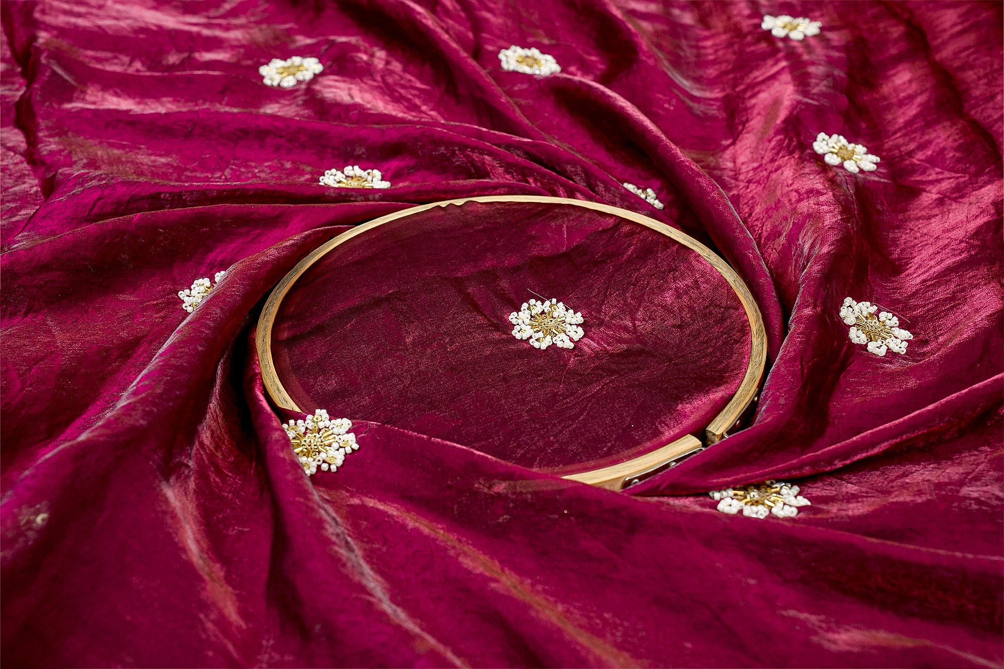 Wine Diamond Radiance Tissue Fabric with All-Over Butti of Golden Sequins, Beads, and Kutdana