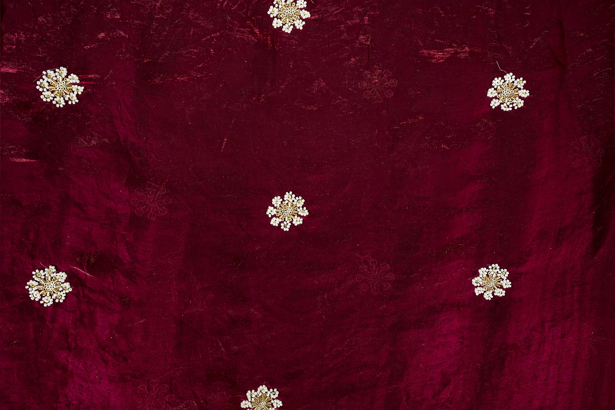 Wine Diamond Radiance Tissue Fabric with All-Over Butti of Golden Sequins, Beads, and Kutdana