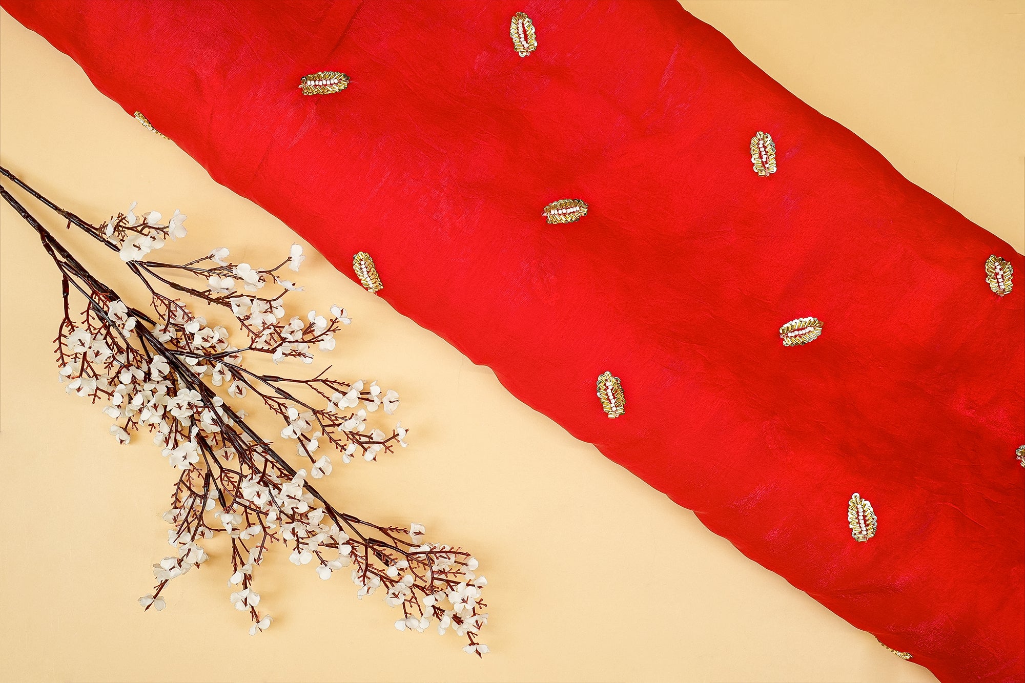 Red Diamond Radiance Tissue Fabric with All-Over Butti of Golden Sequins, Beads, and Kutdana