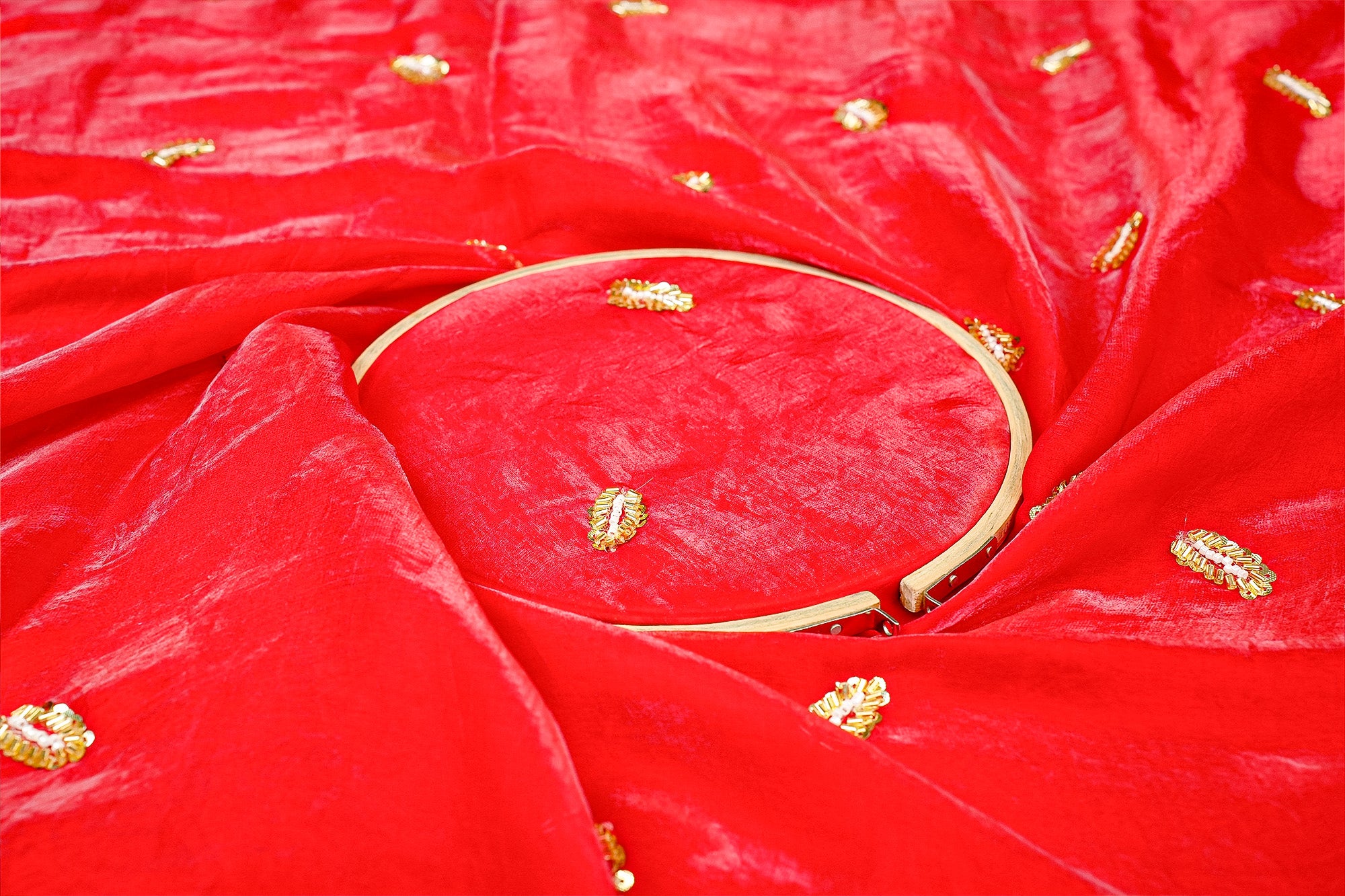 Red Diamond Radiance Tissue Fabric with All-Over Butti of Golden Sequins, Beads, and Kutdana