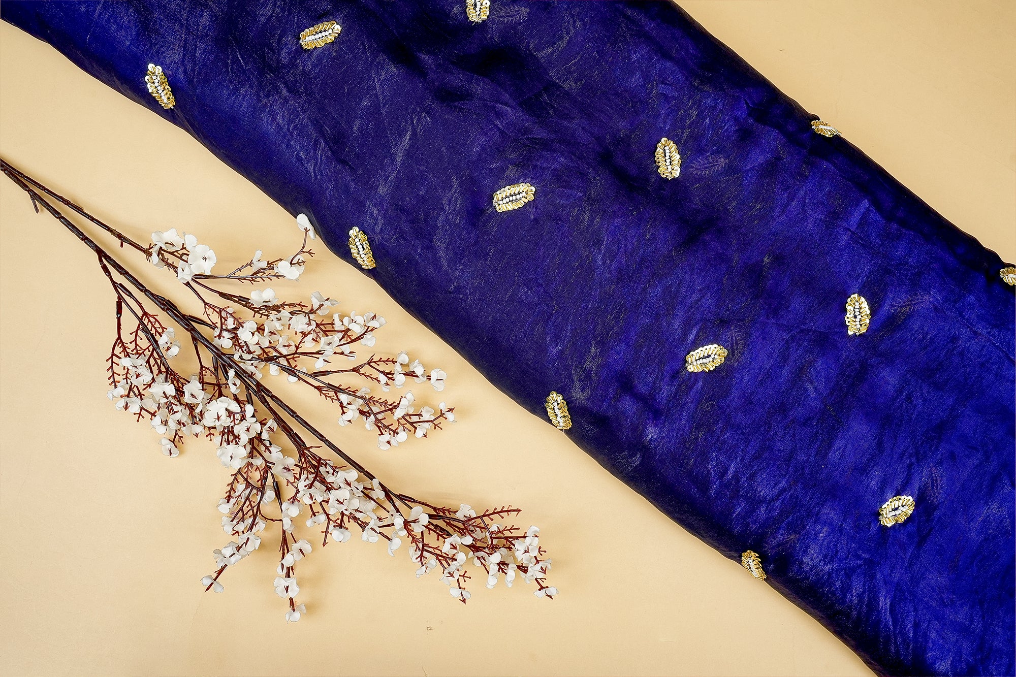 Royal Blue Diamond Radiance Tissue Fabric with All-Over Butti of Golden Sequins, Beads, and Kutdana