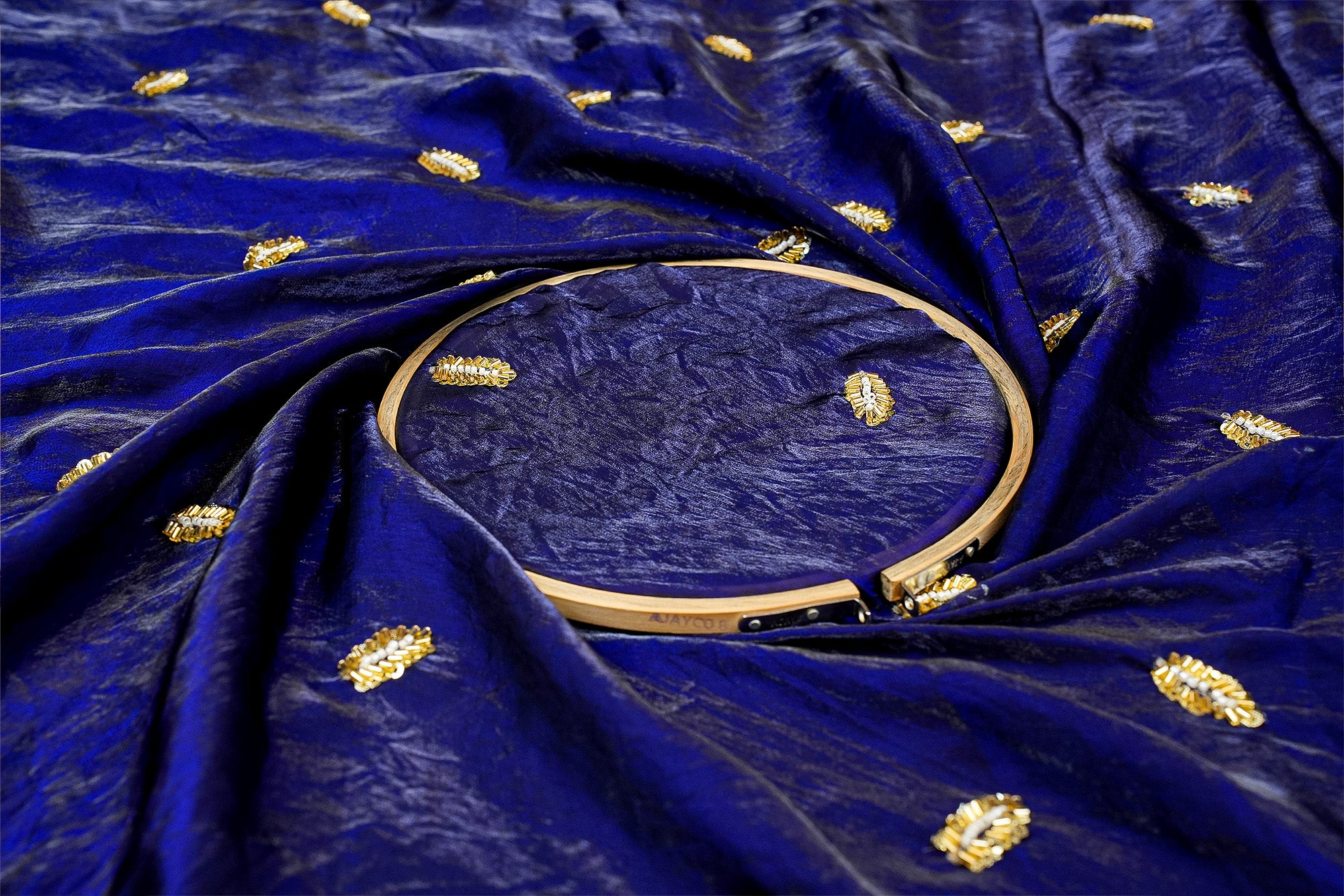 Royal Blue Diamond Radiance Tissue Fabric with All-Over Butti of Golden Sequins, Beads, and Kutdana