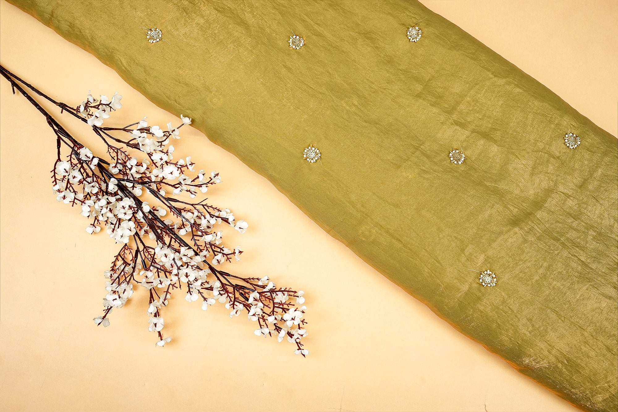 Mehendi Diamond Radiance Tissue Fabric with All-Over Butti of Golden Sequins, Beads, and Kutdana