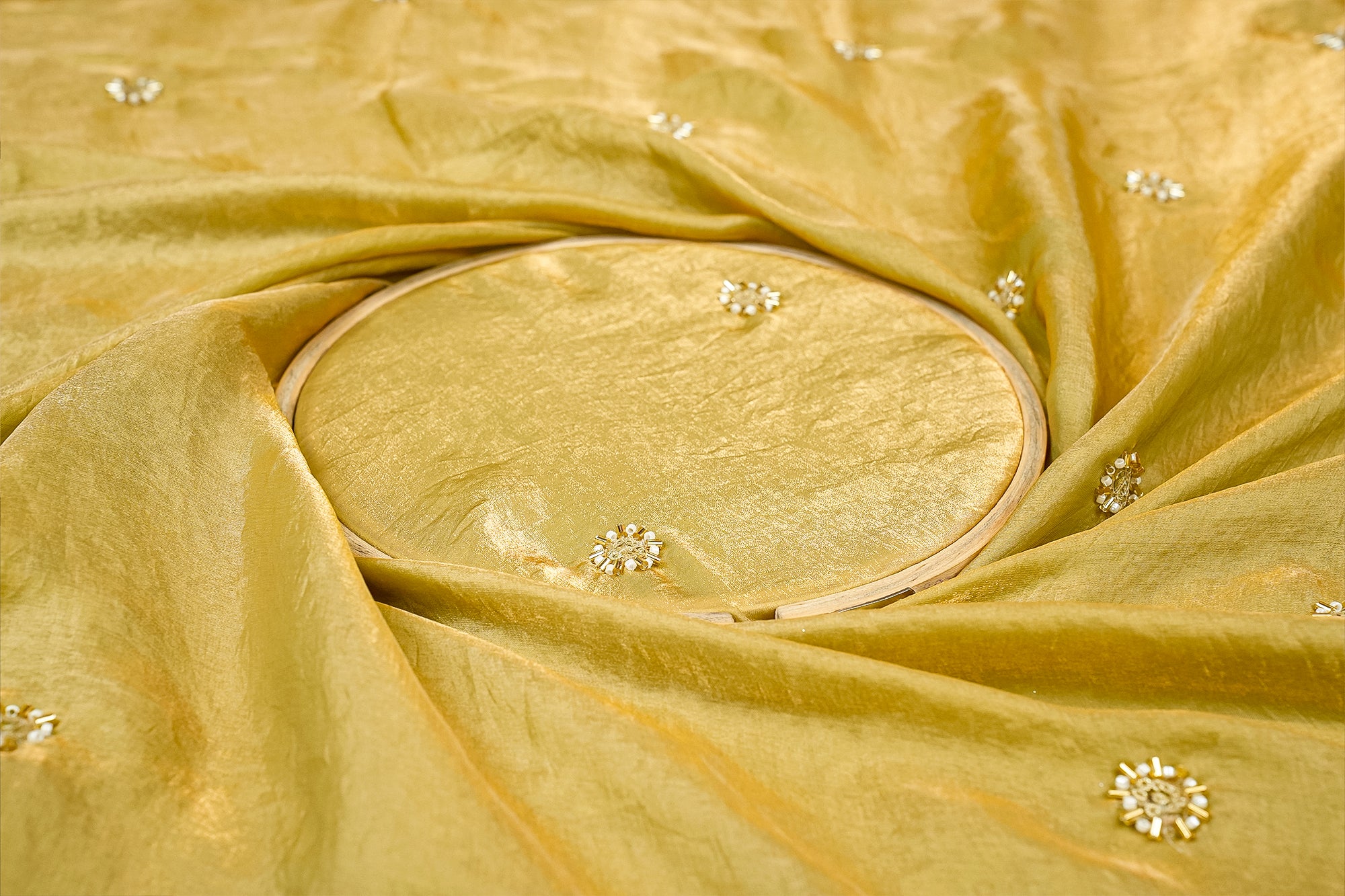 Mehendi Diamond Radiance Tissue Fabric with All-Over Butti of Golden Sequins, Beads, and Kutdana