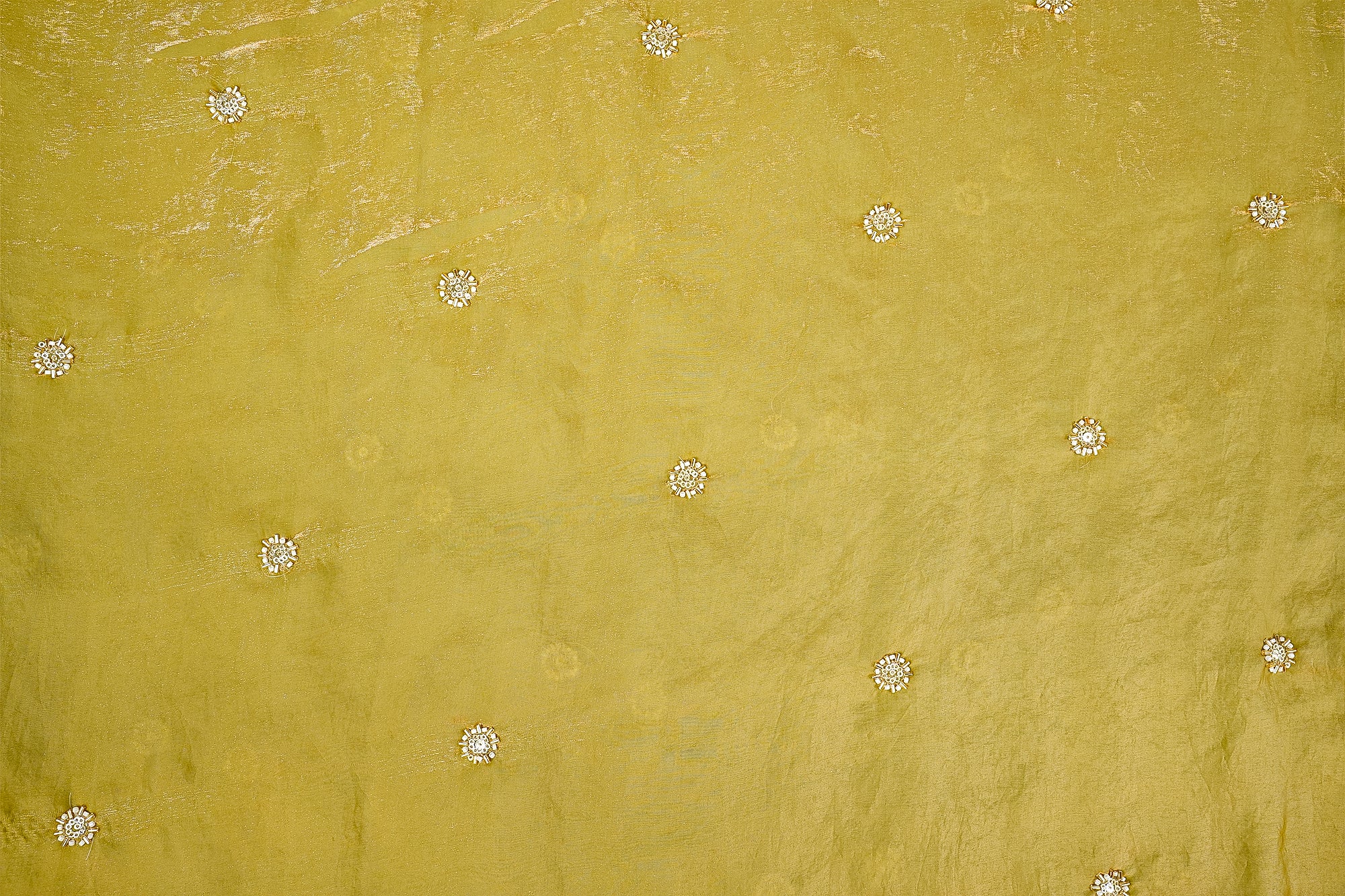 Mehendi Diamond Radiance Tissue Fabric with All-Over Butti of Golden Sequins, Beads, and Kutdana