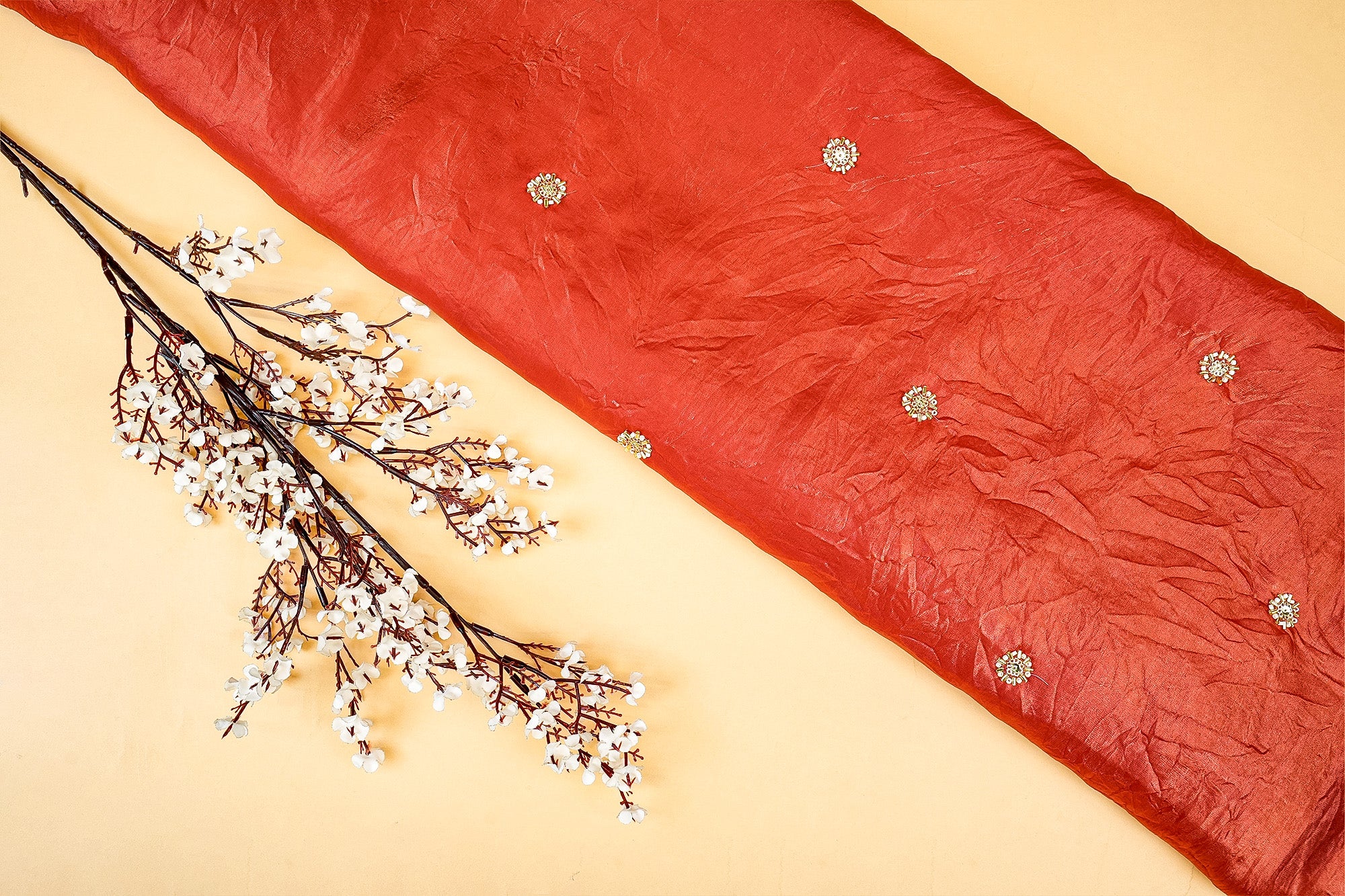 Rust Diamond Radiance Tissue Fabric with All-Over Butti of Golden Sequins, Beads, and Kutdana