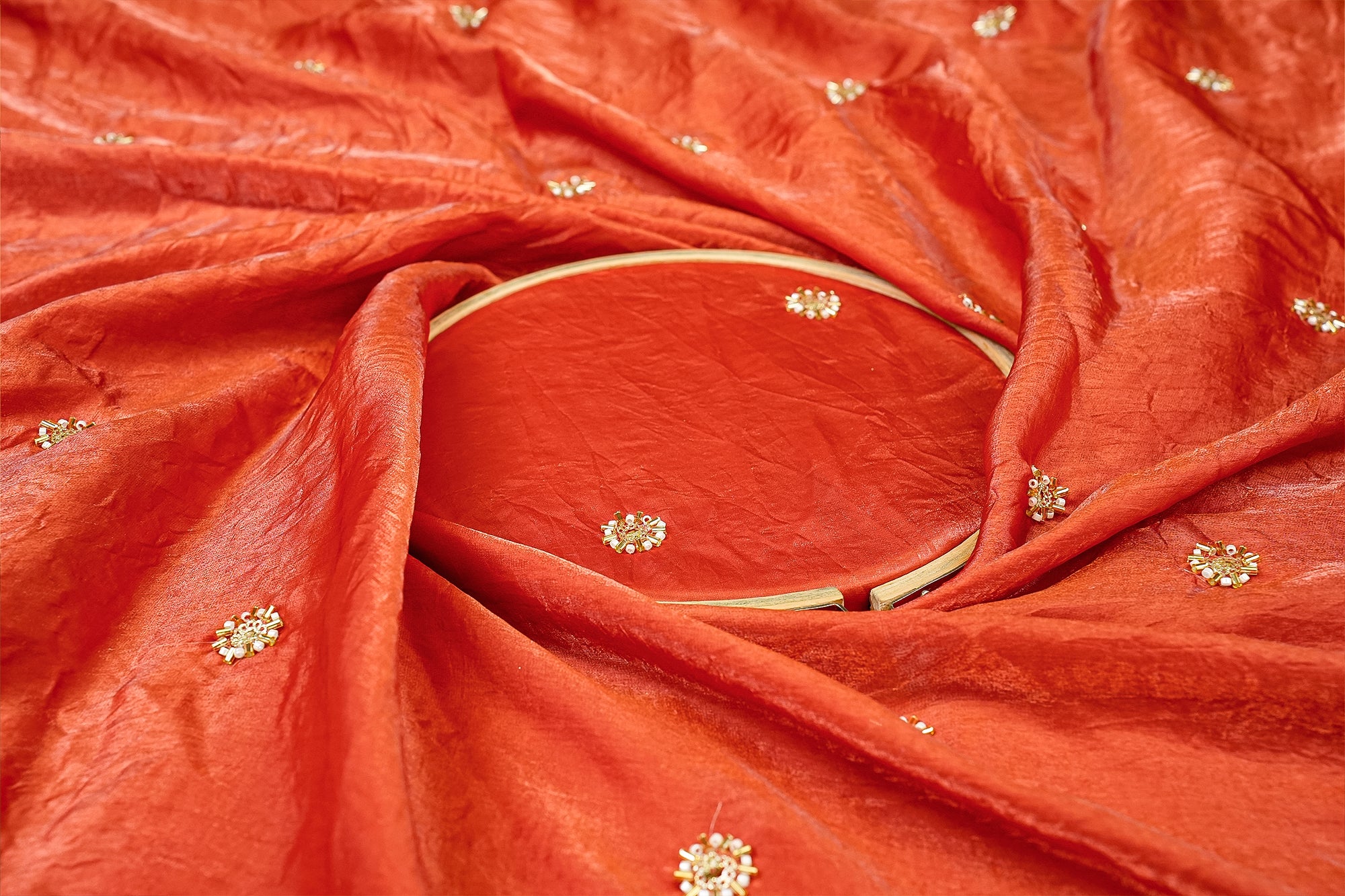 Rust Diamond Radiance Tissue Fabric with All-Over Butti of Golden Sequins, Beads, and Kutdana