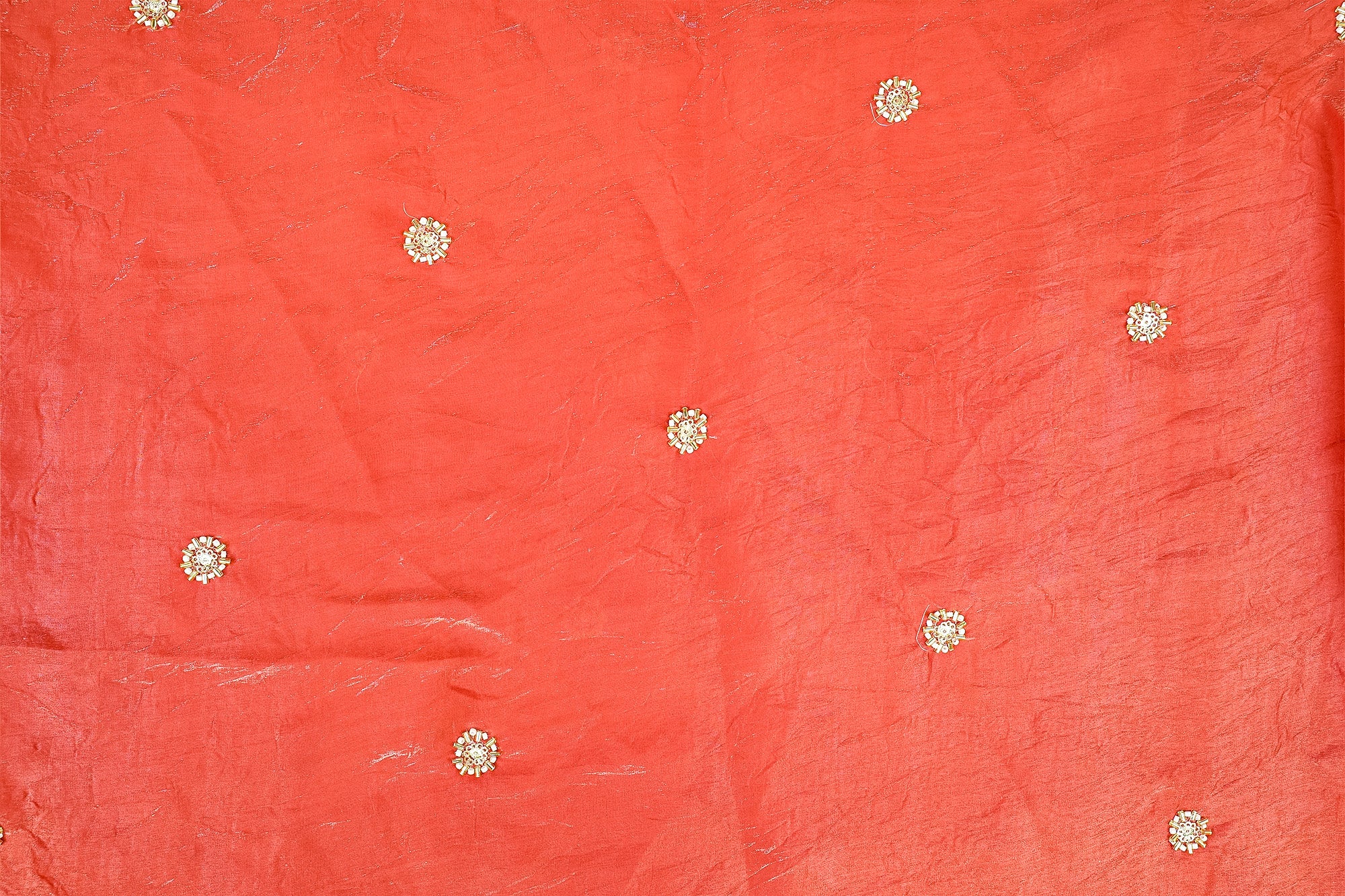 Rust Diamond Radiance Tissue Fabric with All-Over Butti of Golden Sequins, Beads, and Kutdana