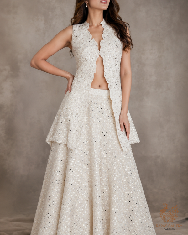 The Noor - White Georgette Fabric with Timeless Thread and Faux Mirror Work | 11748