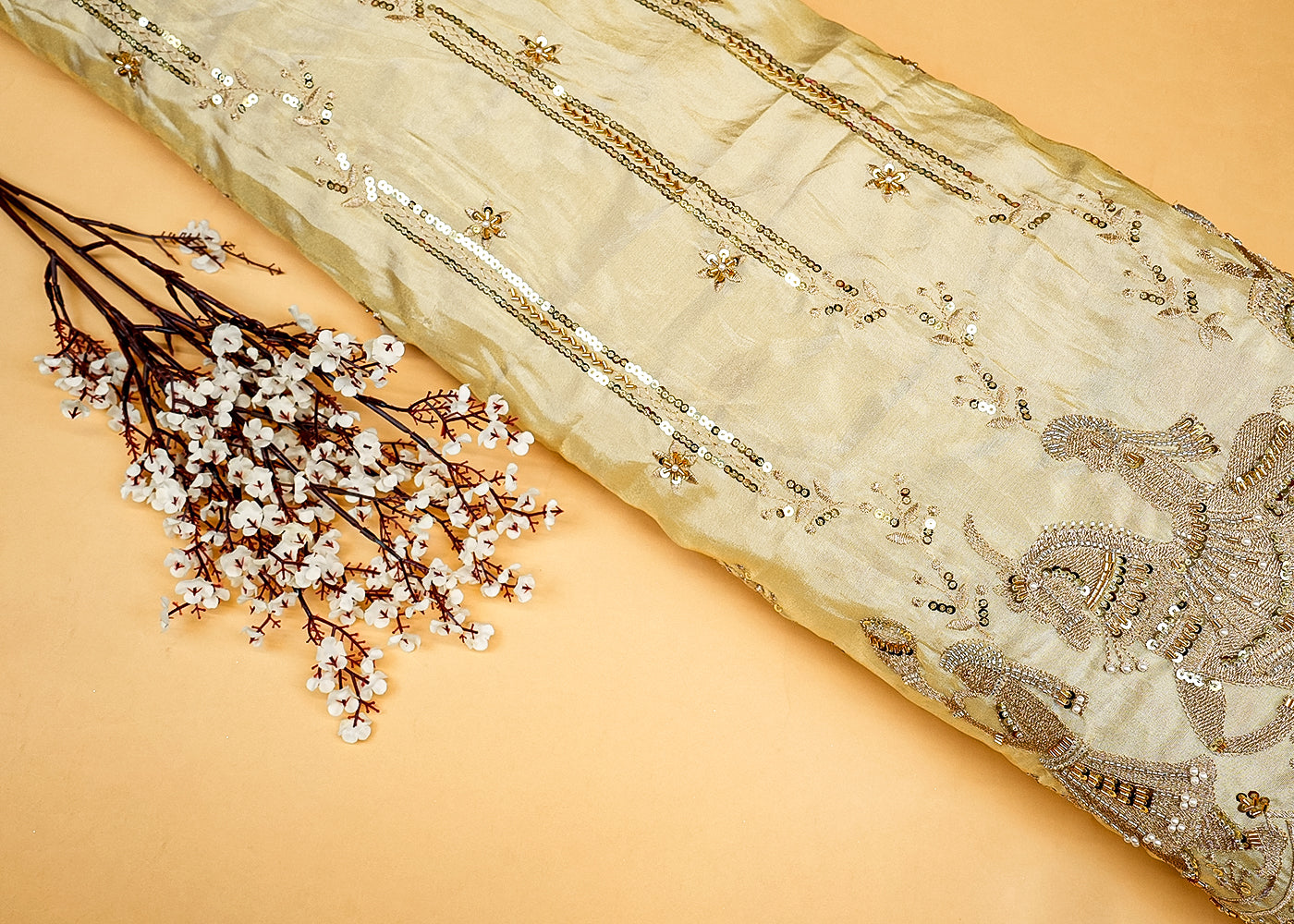 Golden Radiance Tissue Fabric with Traditional Zari, Sequins, Kutdana, Pearl, and Bead Work