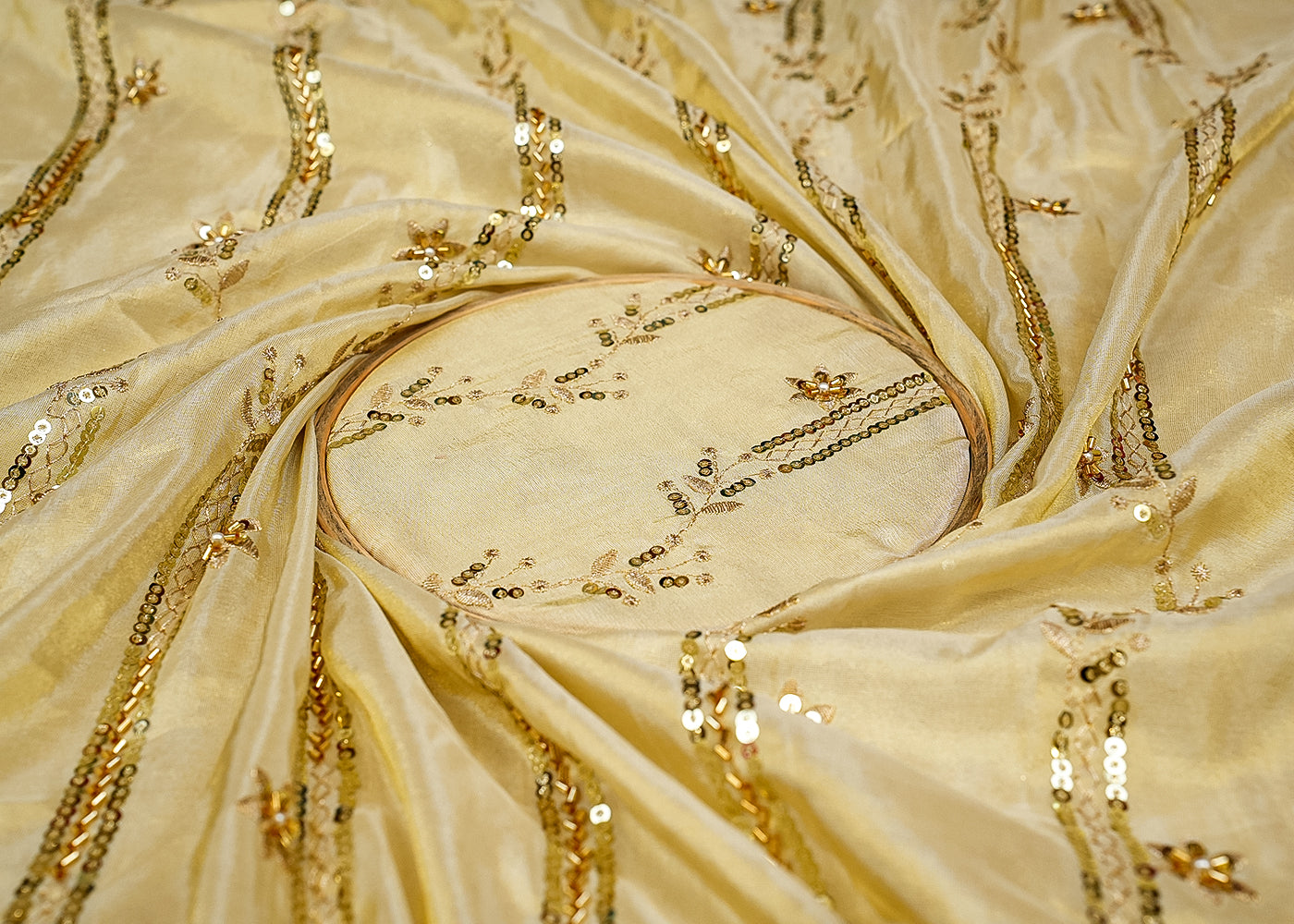 Golden Radiance Tissue Fabric with Traditional Zari, Sequins, Kutdana, Pearl, and Bead Work