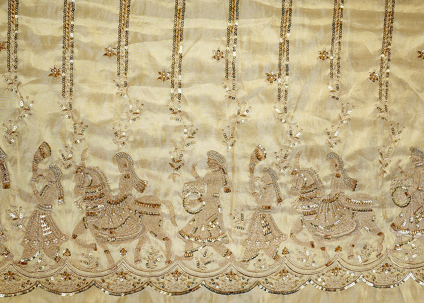 Golden Radiance Tissue Fabric with Traditional Zari, Sequins, Kutdana, Pearl, and Bead Work