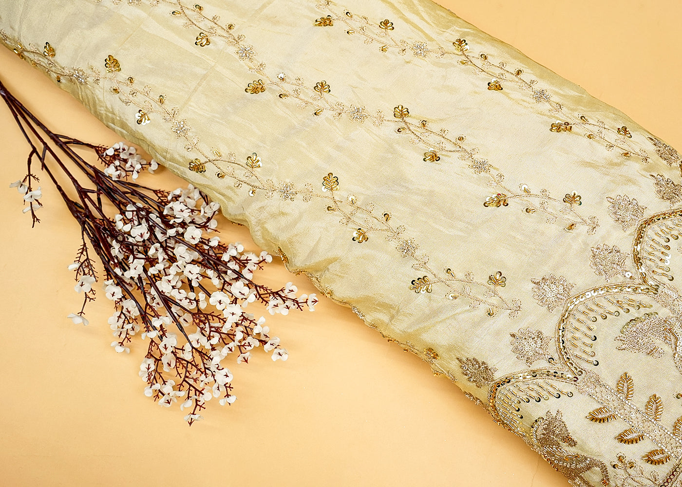 Golden Radiance Tissue Fabric with Traditional Zari, Sequins, Kutdana and Bead Work