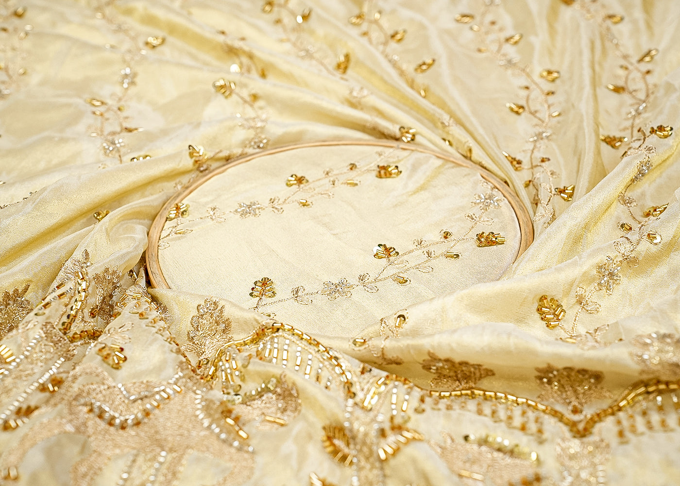 Golden Radiance Tissue Fabric with Traditional Zari, Sequins, Kutdana and Bead Work