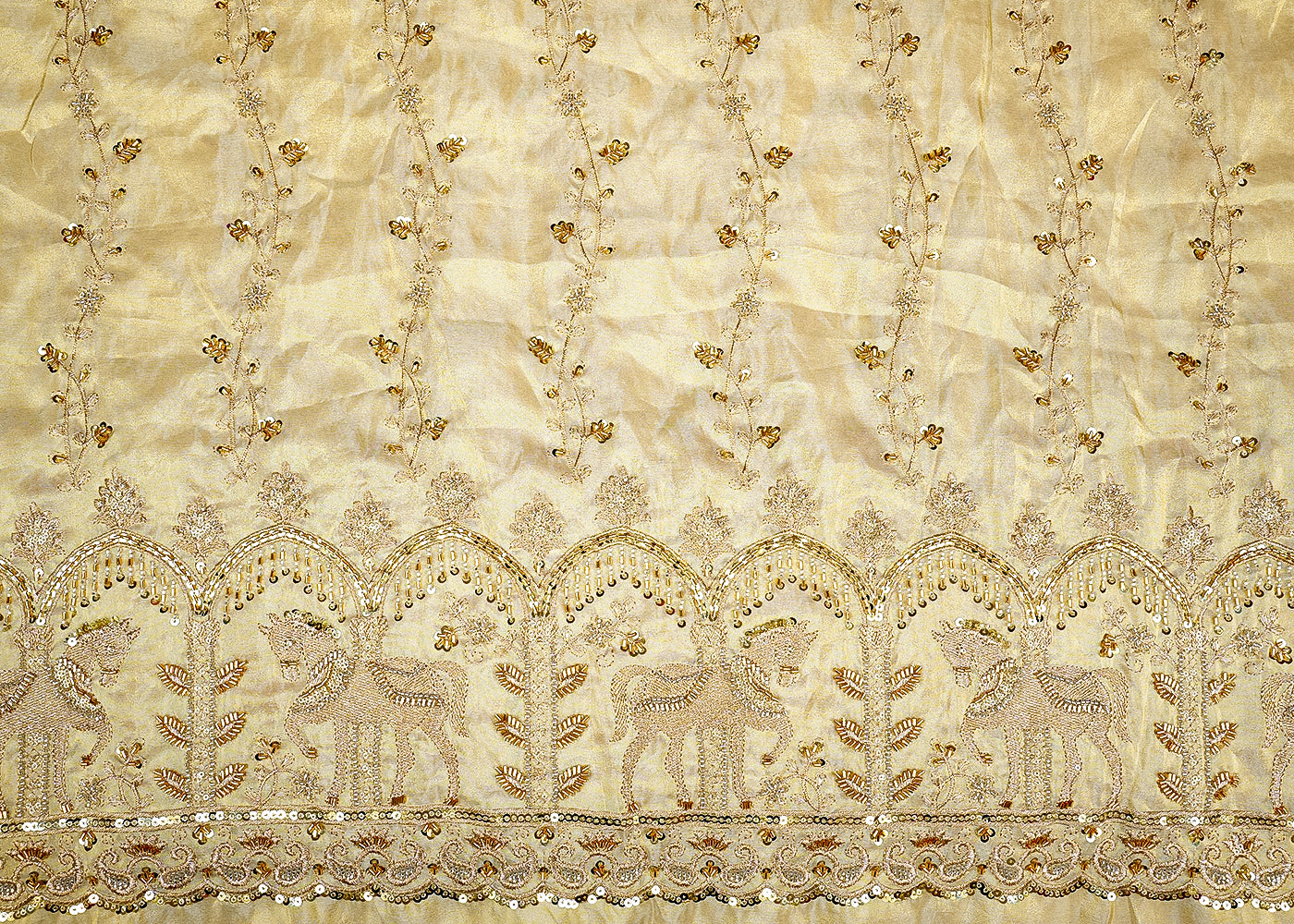 Golden Radiance Tissue Fabric with Traditional Zari, Sequins, Kutdana and Bead Work