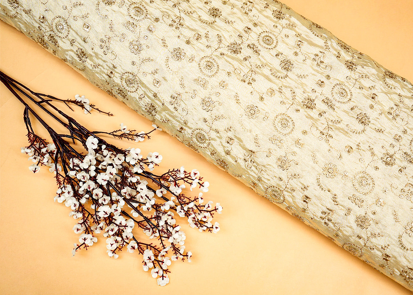 Golden Blossom Tissue Fabric with All-Over Floral Zari and Sequins