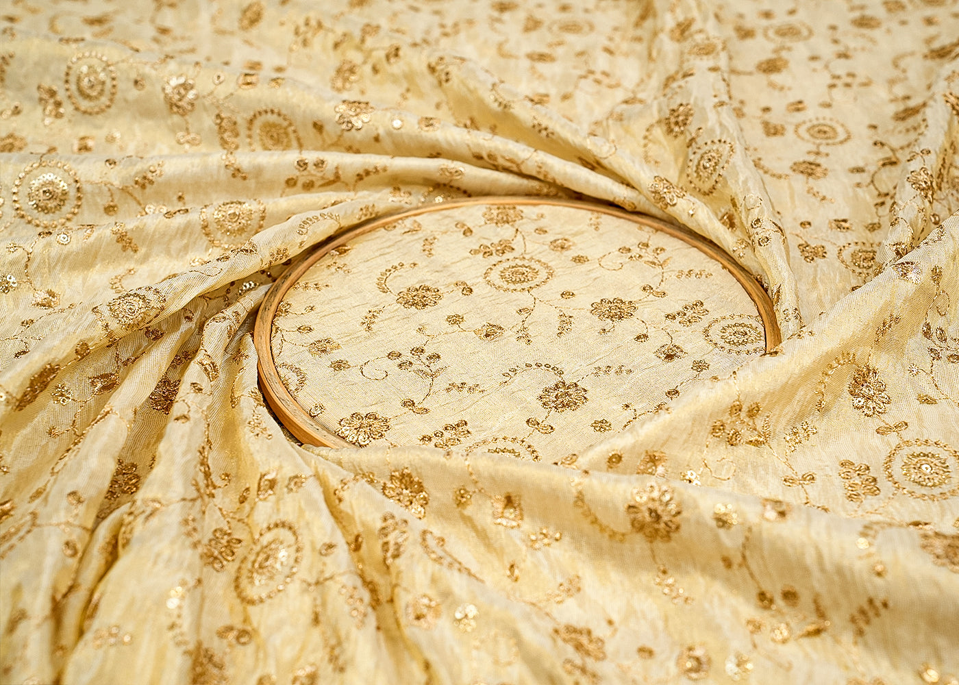 Golden Blossom Tissue Fabric with All-Over Floral Zari and Sequins