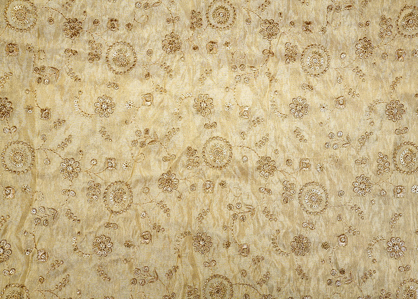 Golden Blossom Tissue Fabric with All-Over Floral Zari and Sequins