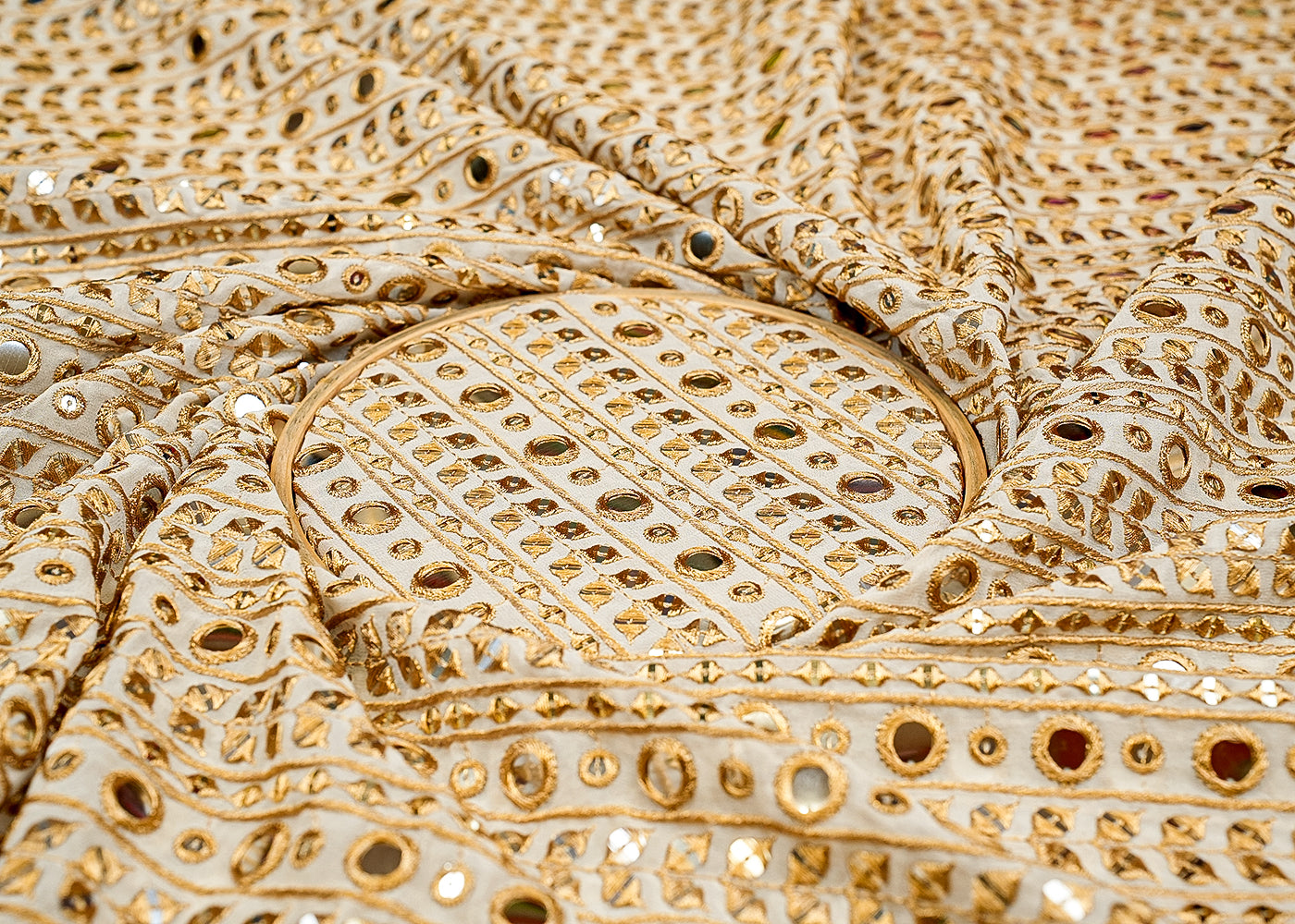 Elegance Georgette Fabric with All-Over Golden Threadwork and Faux Mirror