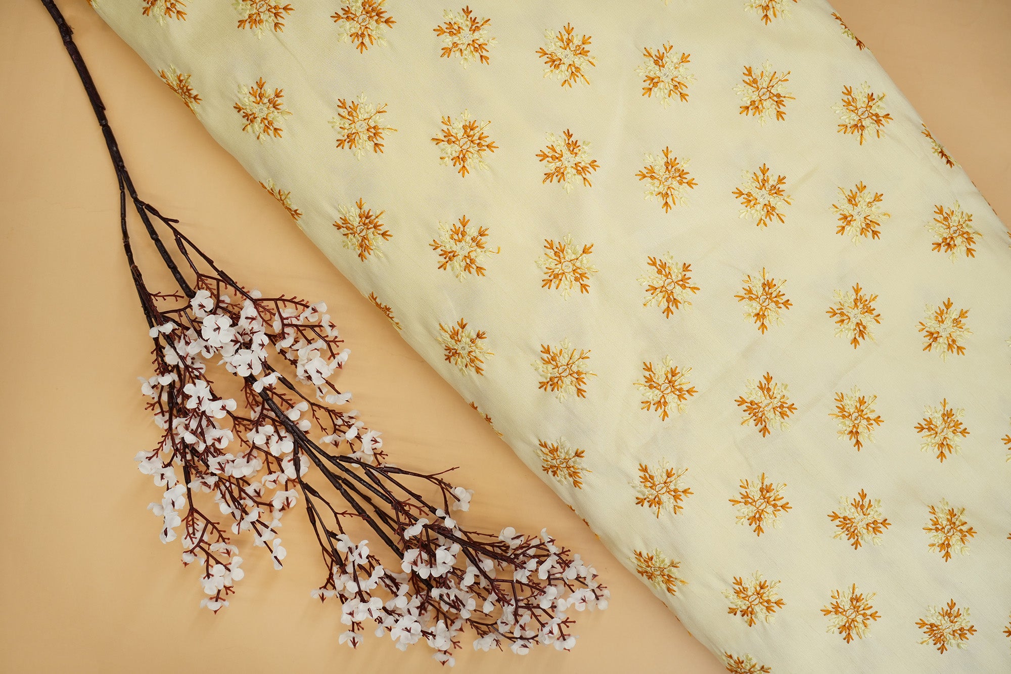 Yellow Silk dupoin with Mustard & Yellow Thread Floral Sequins