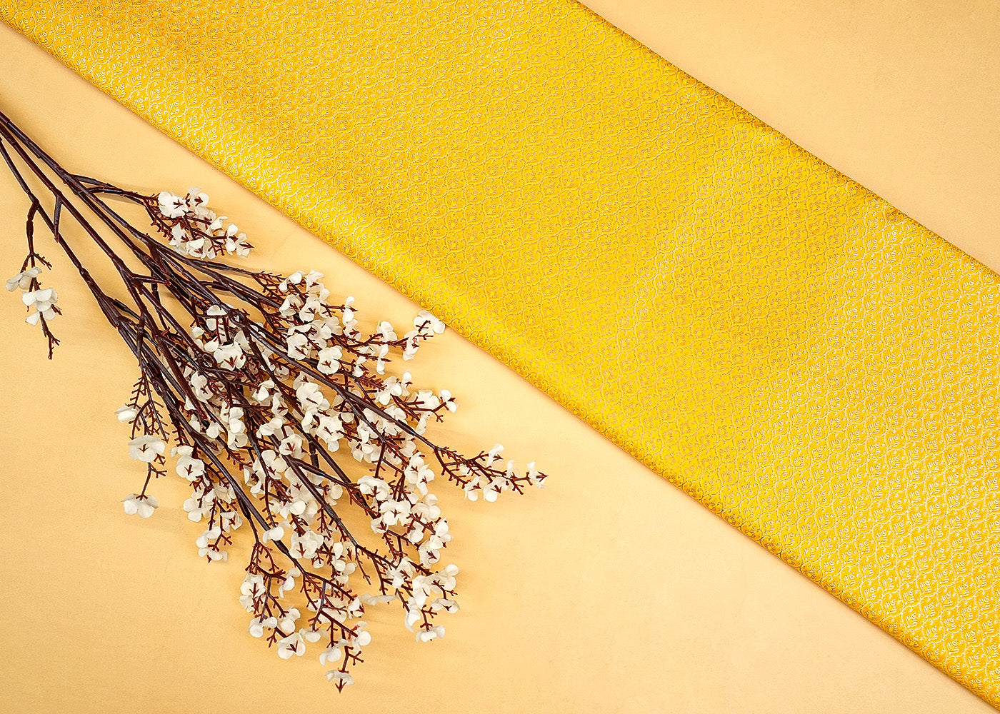 Yellow Banarasi Silk Fabric with All-Over Golden Traditional Handloom