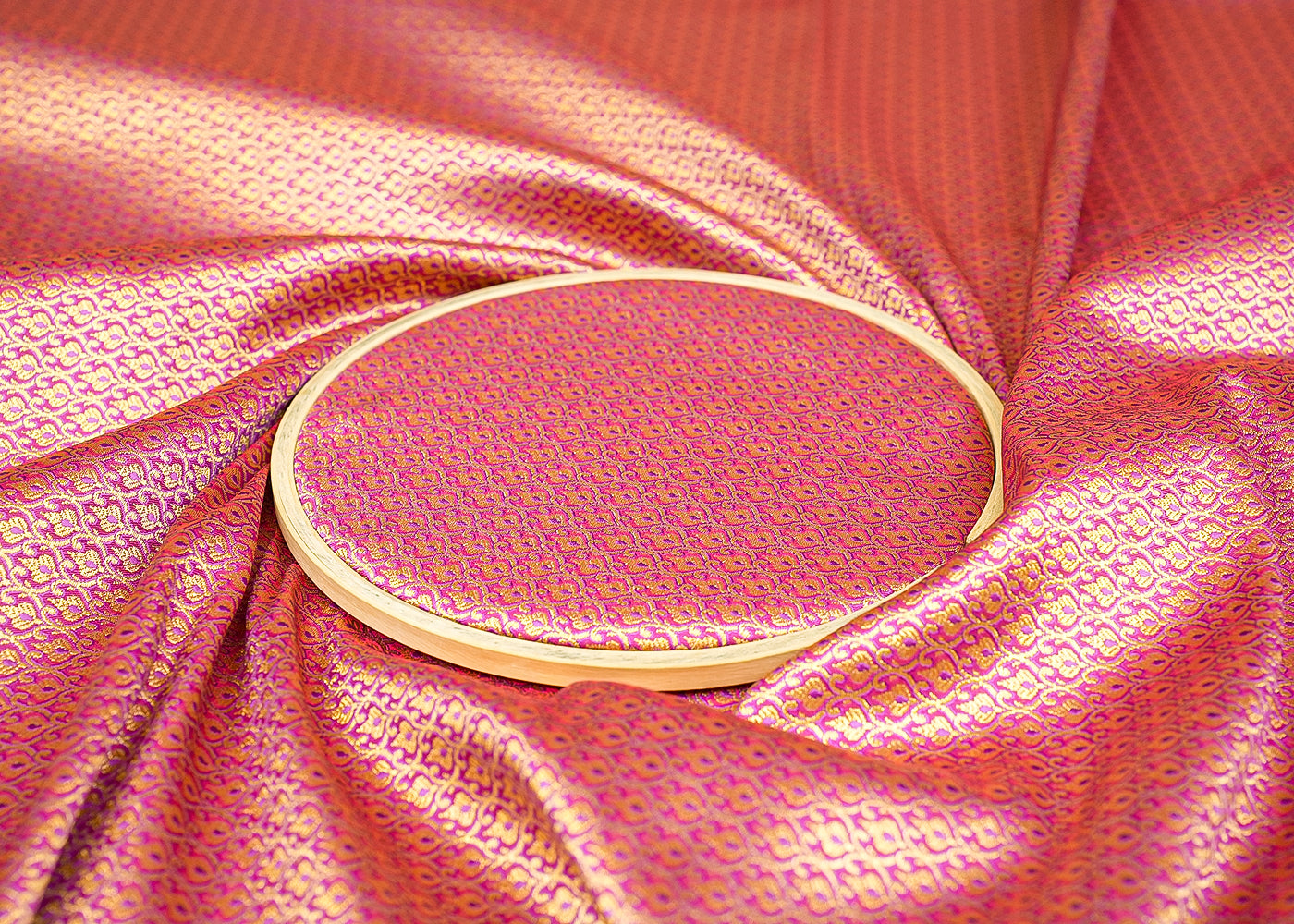 Magenta Pink Banarasi Silk Fabric with All-Over Golden Traditional Handloom