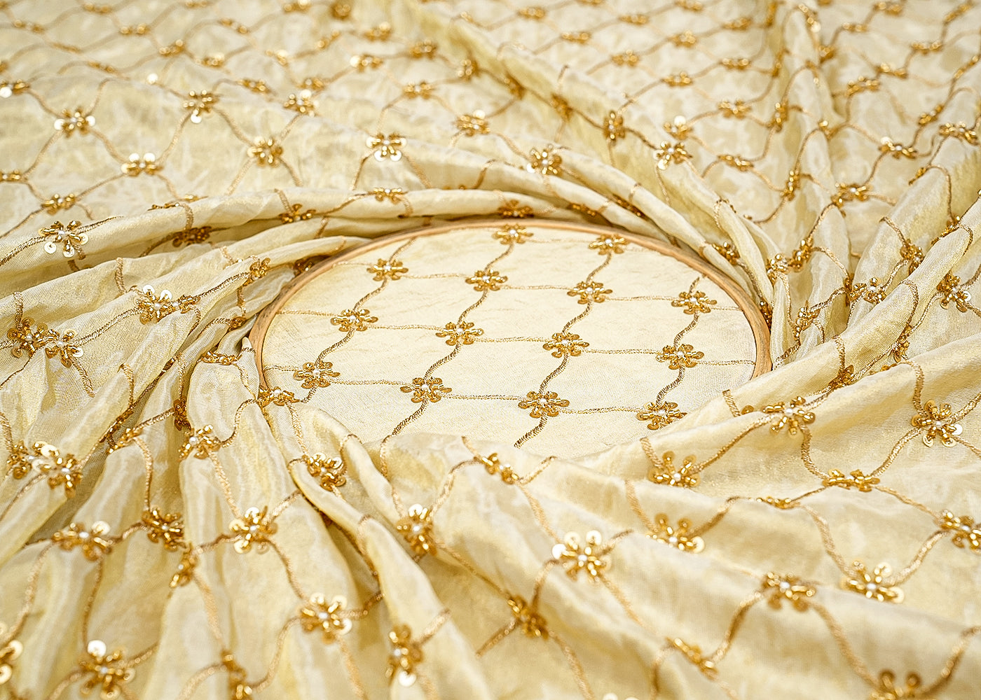 Radiant Elegance Tissue Fabric with All-Over Zari, Sequins, Bead, and Pearl Work