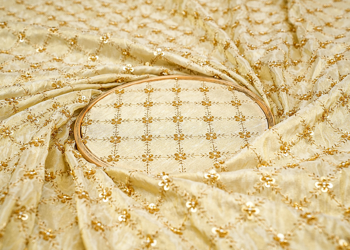 Radiant Elegance Tissue Fabric with All-Over Zari, Sequins, Bead, and Pearl Work